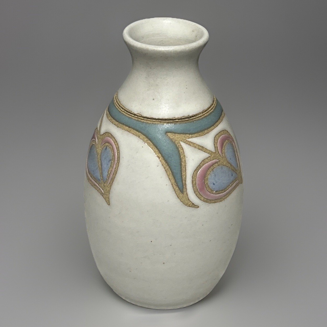 Hand Crafted Ceramic Vase Blue Pink Heart Design Matte Glaze Unique Art Pottery