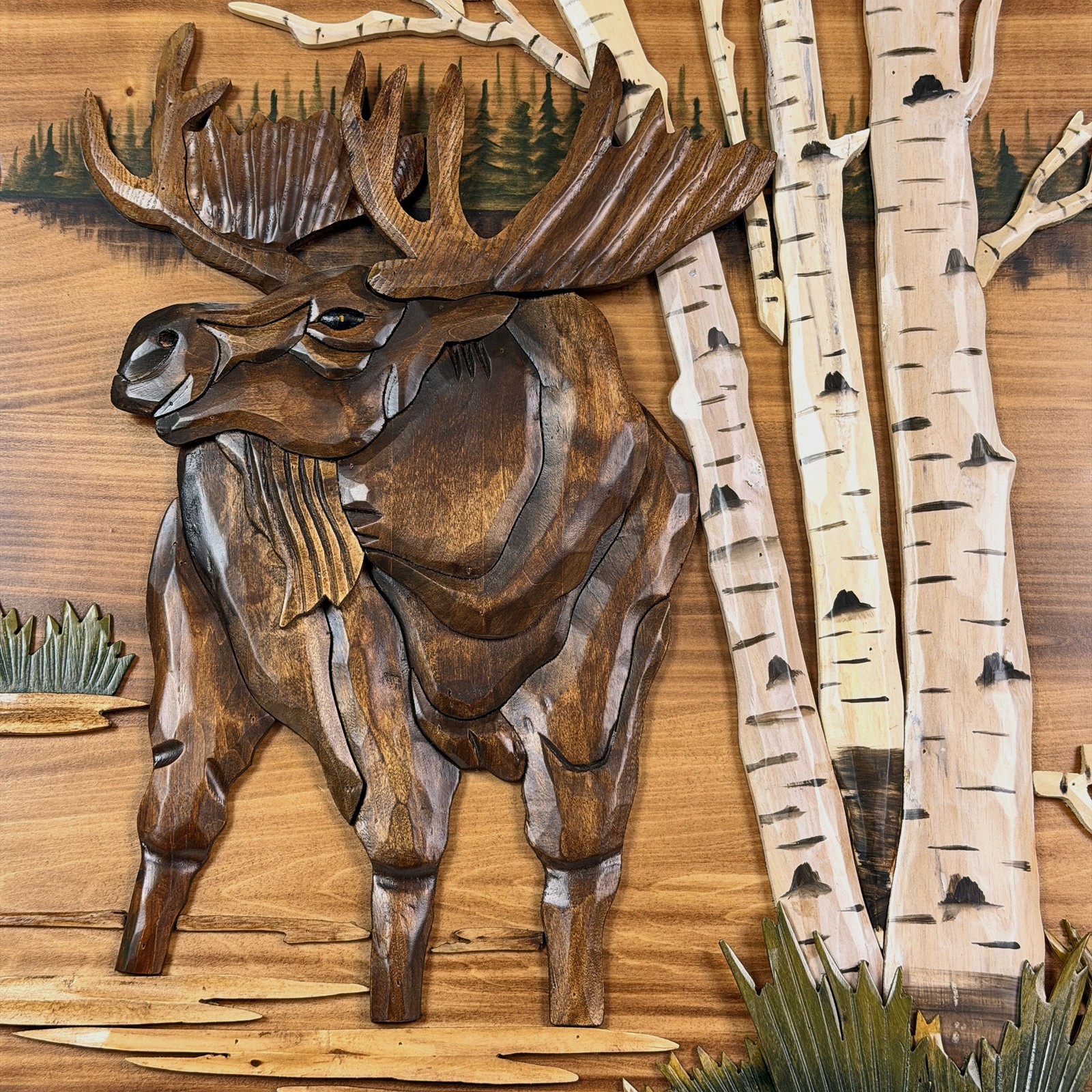 Moose in Birch Forest 23.5 inch Rustic Intarsia Wood Wall Art Sculpture