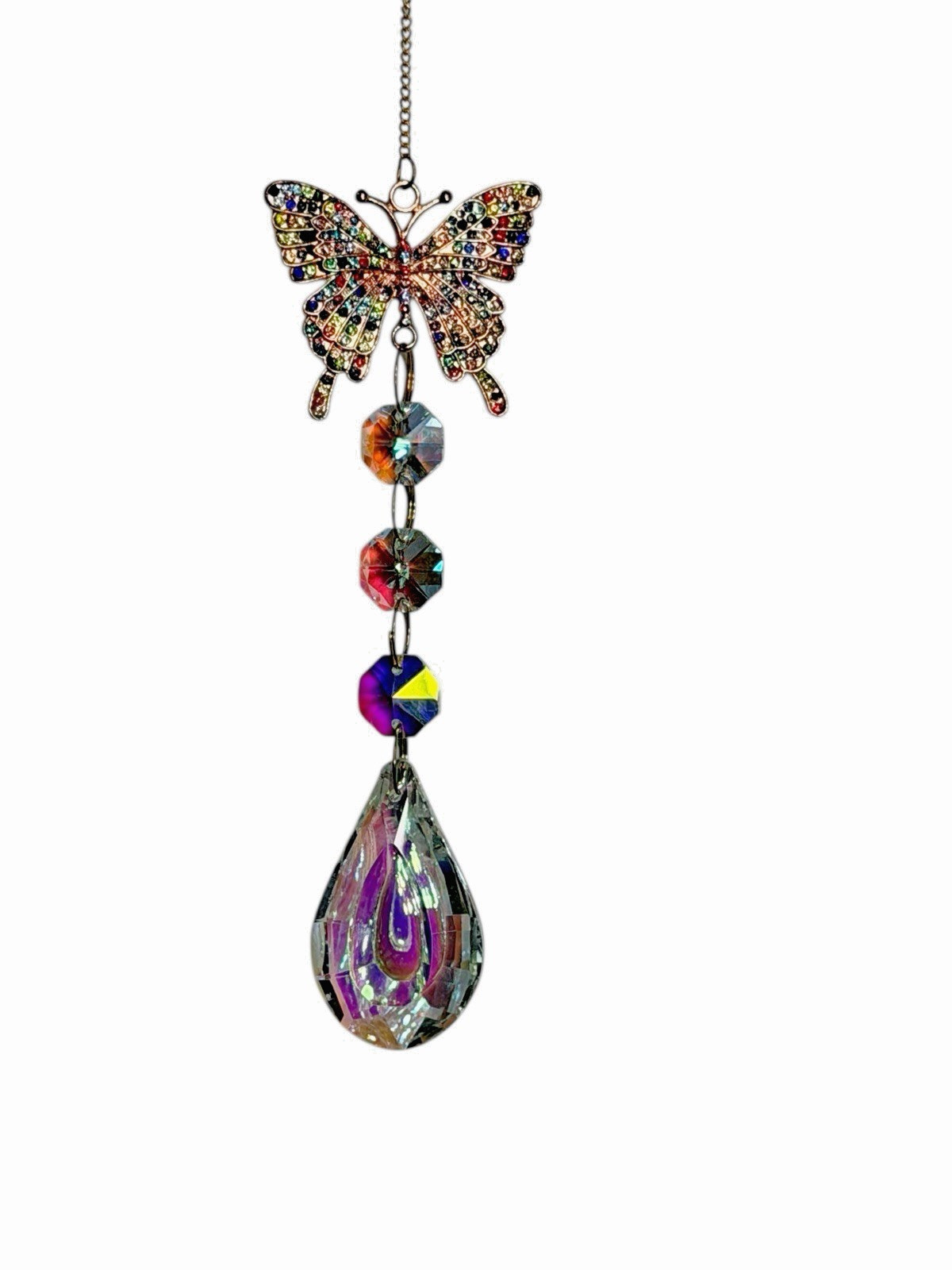 NEW sun catcher crystals rainbow colors hangs 13-15 inches GOLD BUTTERFLY