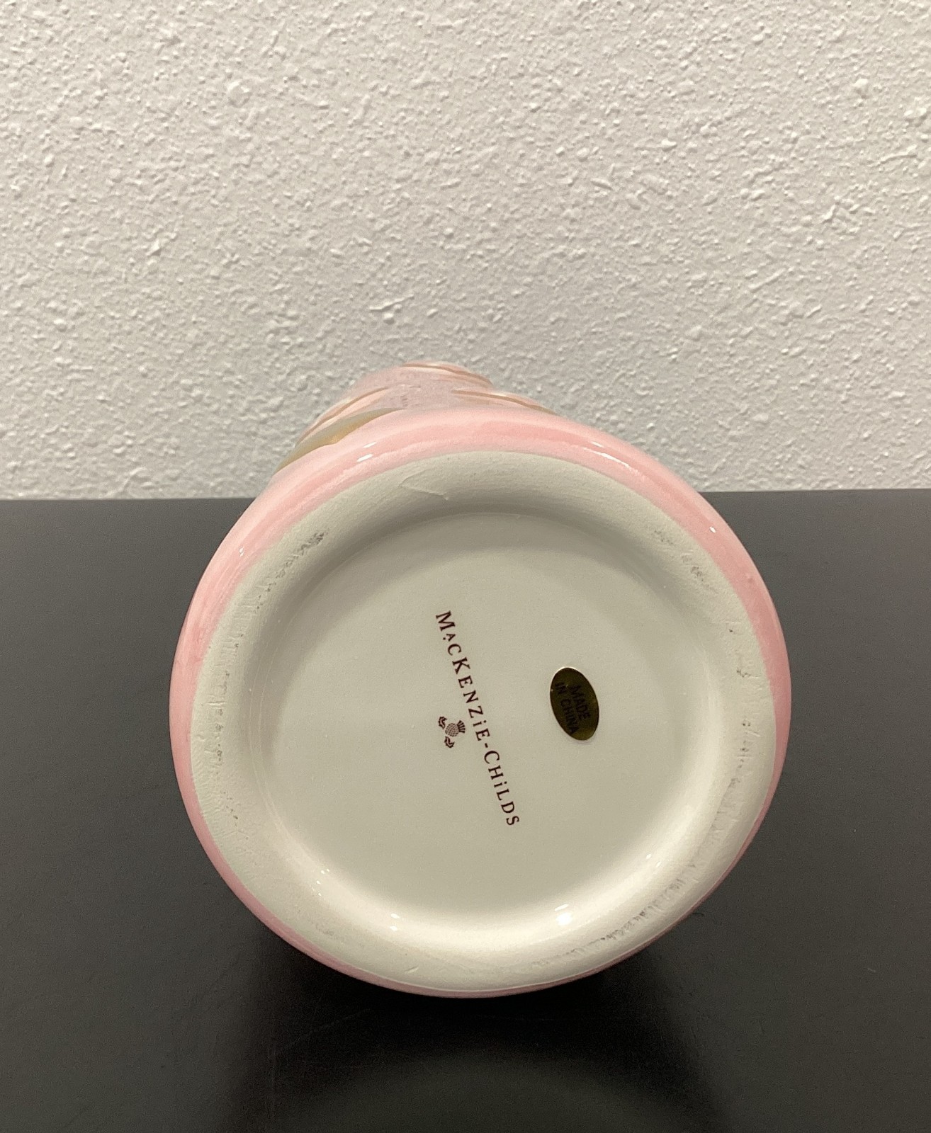 Mackenzie Childs Rosy Check Short Heart Vase 7″ x 2.25″ x 3.5″ Ceramic 10 Ounce