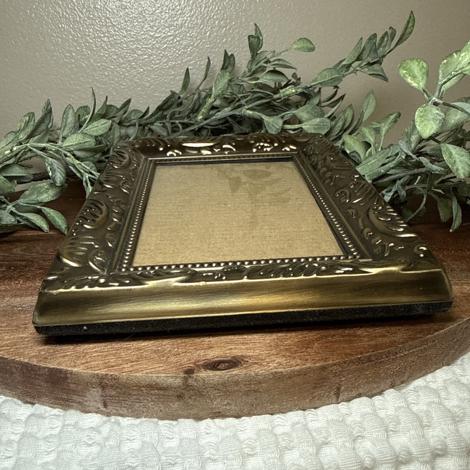 Vtg Ornate Gold Tone Metal Picture Frame Embossed Floral Scroll 4.5 x 3.25 in