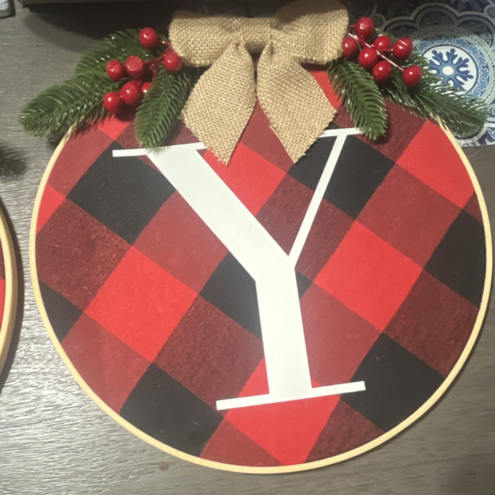 Rustic JOY Christmas Round Buffalo Plaid Wood Wall Plaques Set of 3, 10 in
