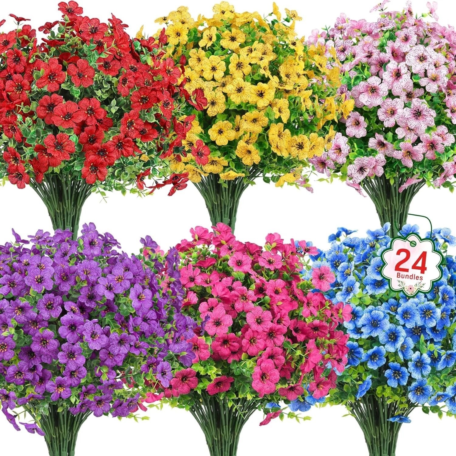 24 Bundles Artificial Flowers for Outdoors Fake Silk Flowers UV Resistant Fau…