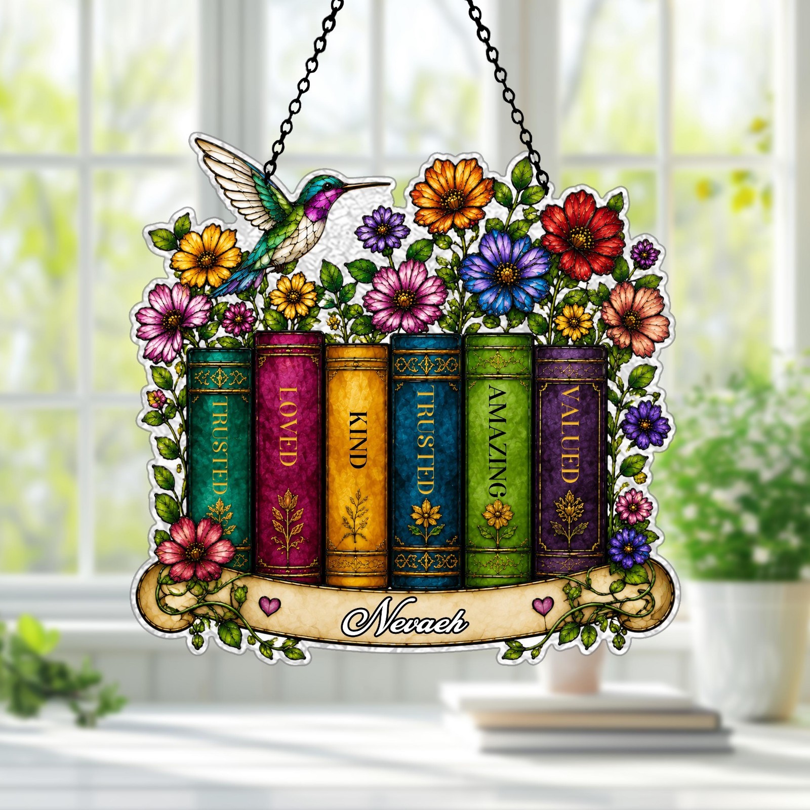 Personalized Hummingbird Book Suncatcher Floral Acrylic Window Hanging Gift