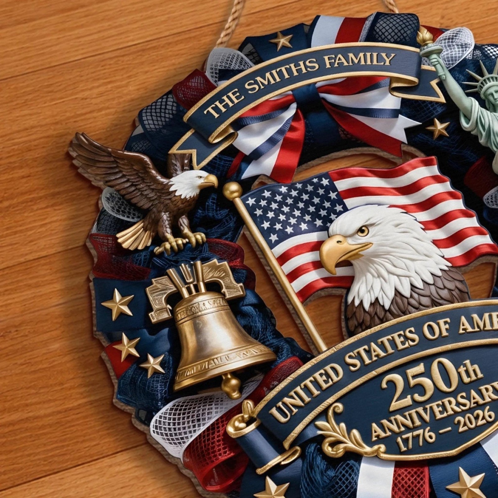 Personalized America 250th Anniversary Wood Wreath 1776-2026 Patriotic Door Sign