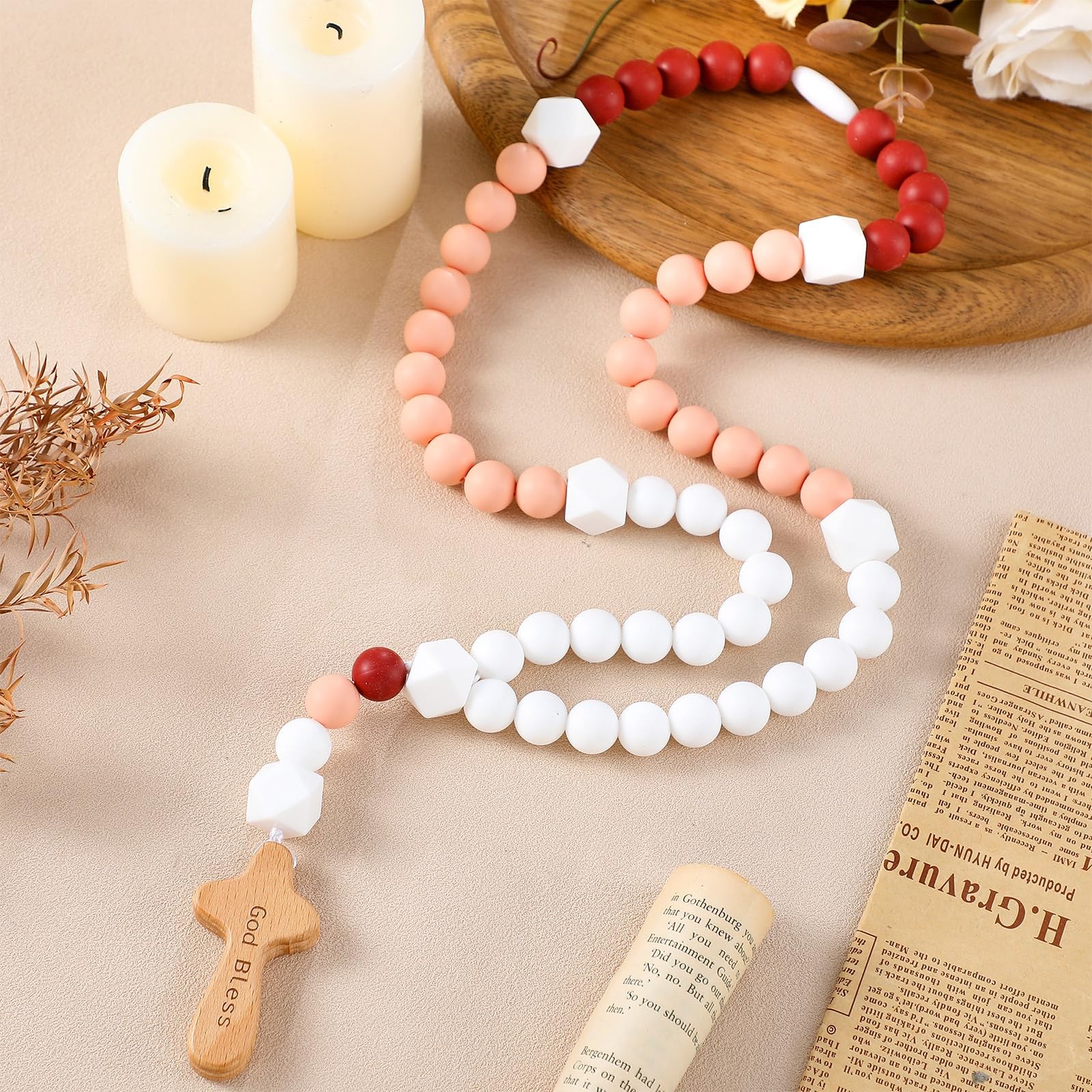 Baby Rosary Baptism Gift Silicone God Bless Cross 1st Year Dark Pink Square