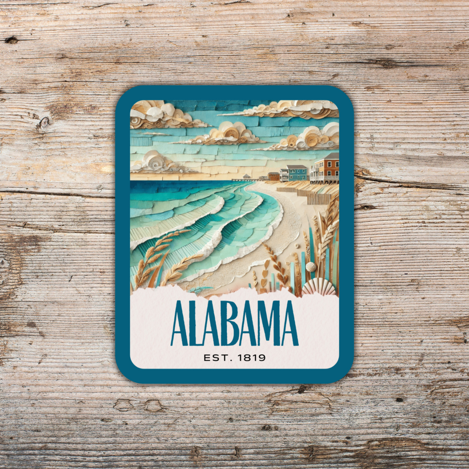 Gulf Shores Alabama Sticker, Paper Collage Look, Beach Scene Vinyl Decal