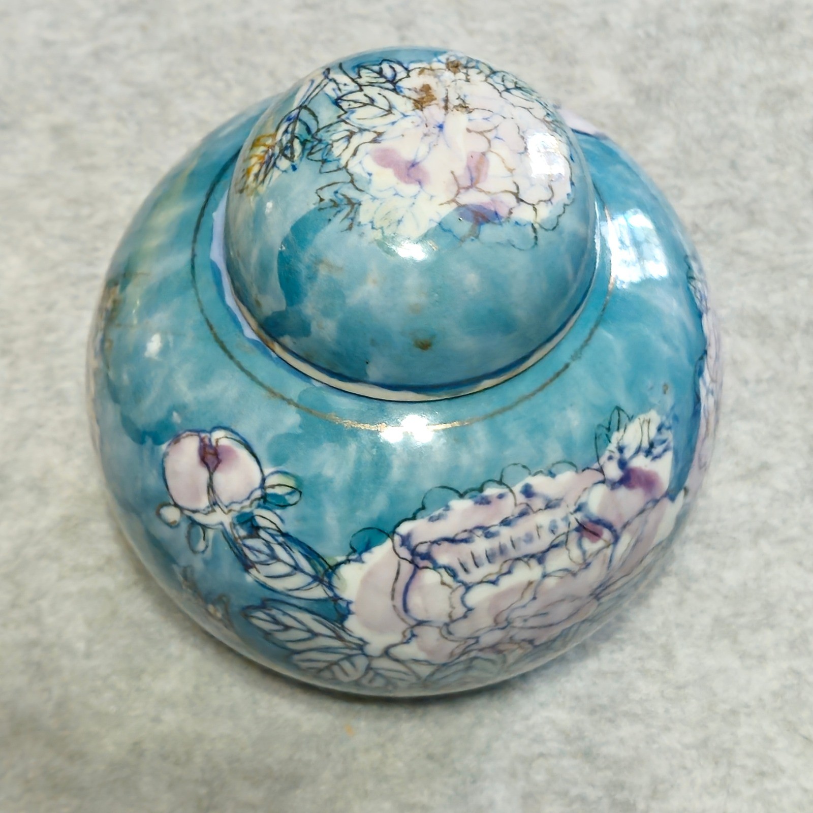 Unbranded Home Turquoise Blue Peony Floral Ceramic Ginger Jar Tea Caddy 4in
