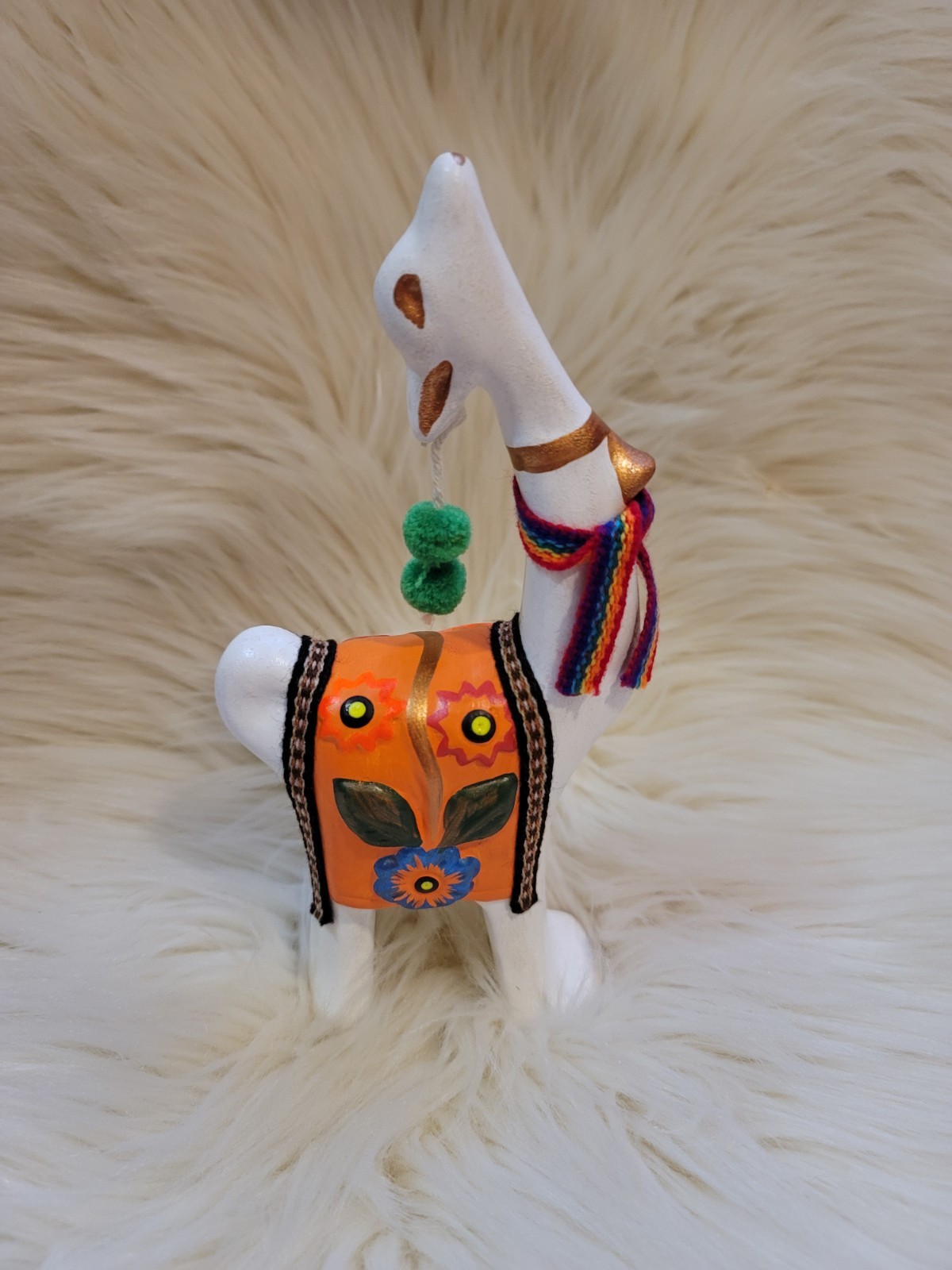 Ceramic Decorative Llama White Colorful 7.5″ Tall Decor From Peru Handcrafted
