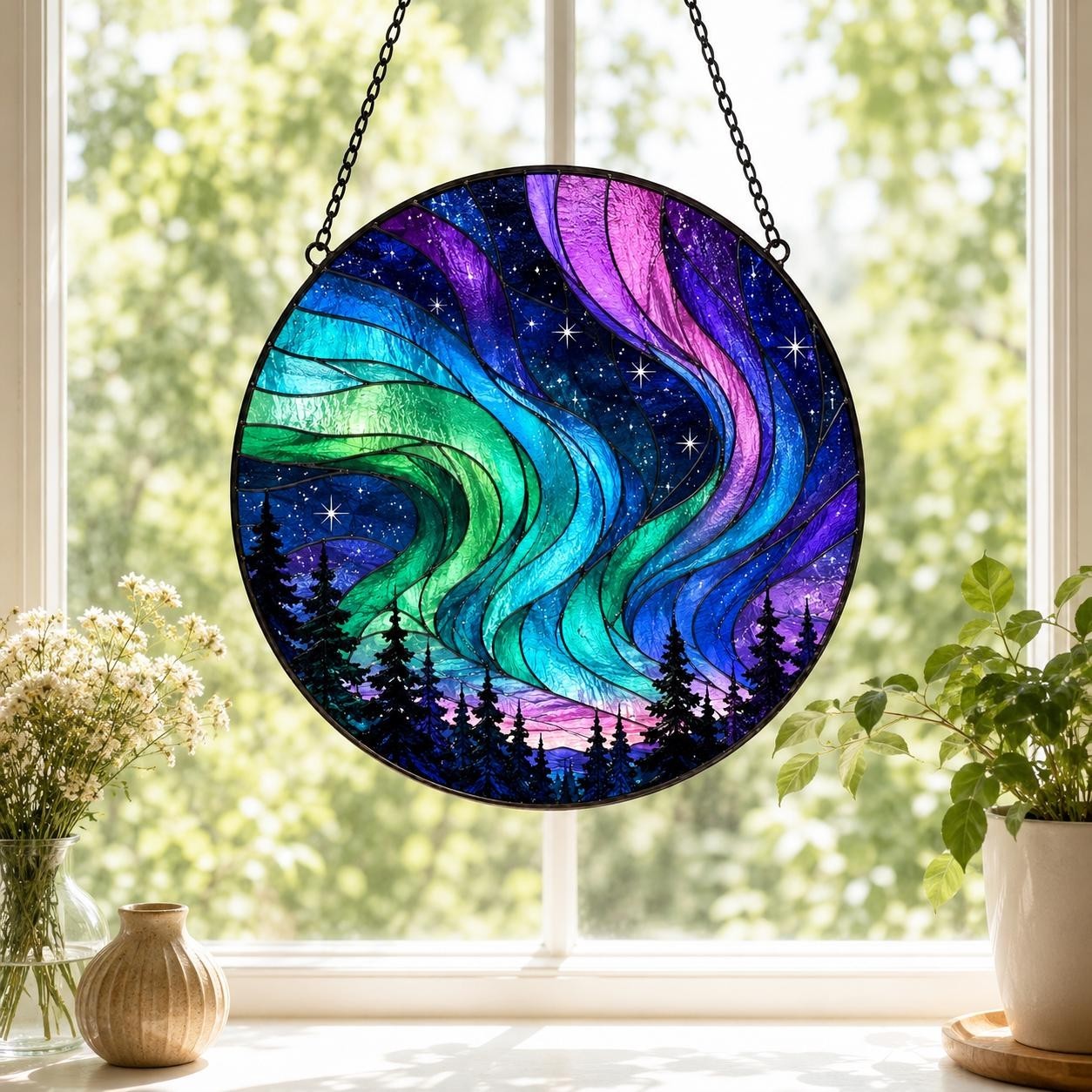 Northern Lights Stained Glass Suncatcher, Aurora Borealis Window Hanging Decor