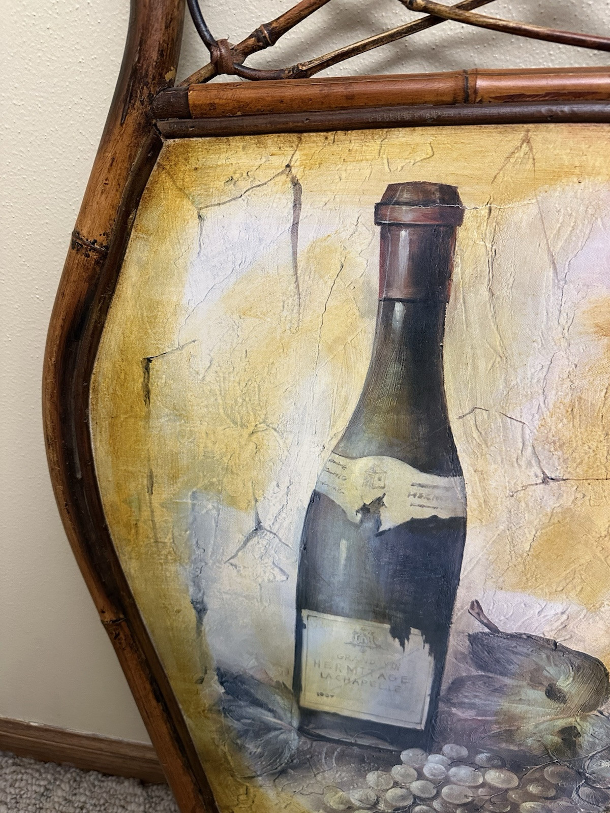 Vintage Bamboo Rattan Framed Wall Hanging of Wine And Grapes
