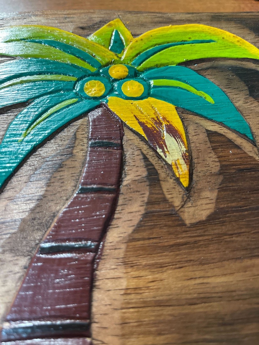 Scratch & Dent 39 In. Hand Carved `Tiki Bar` Sign with Palm Trees