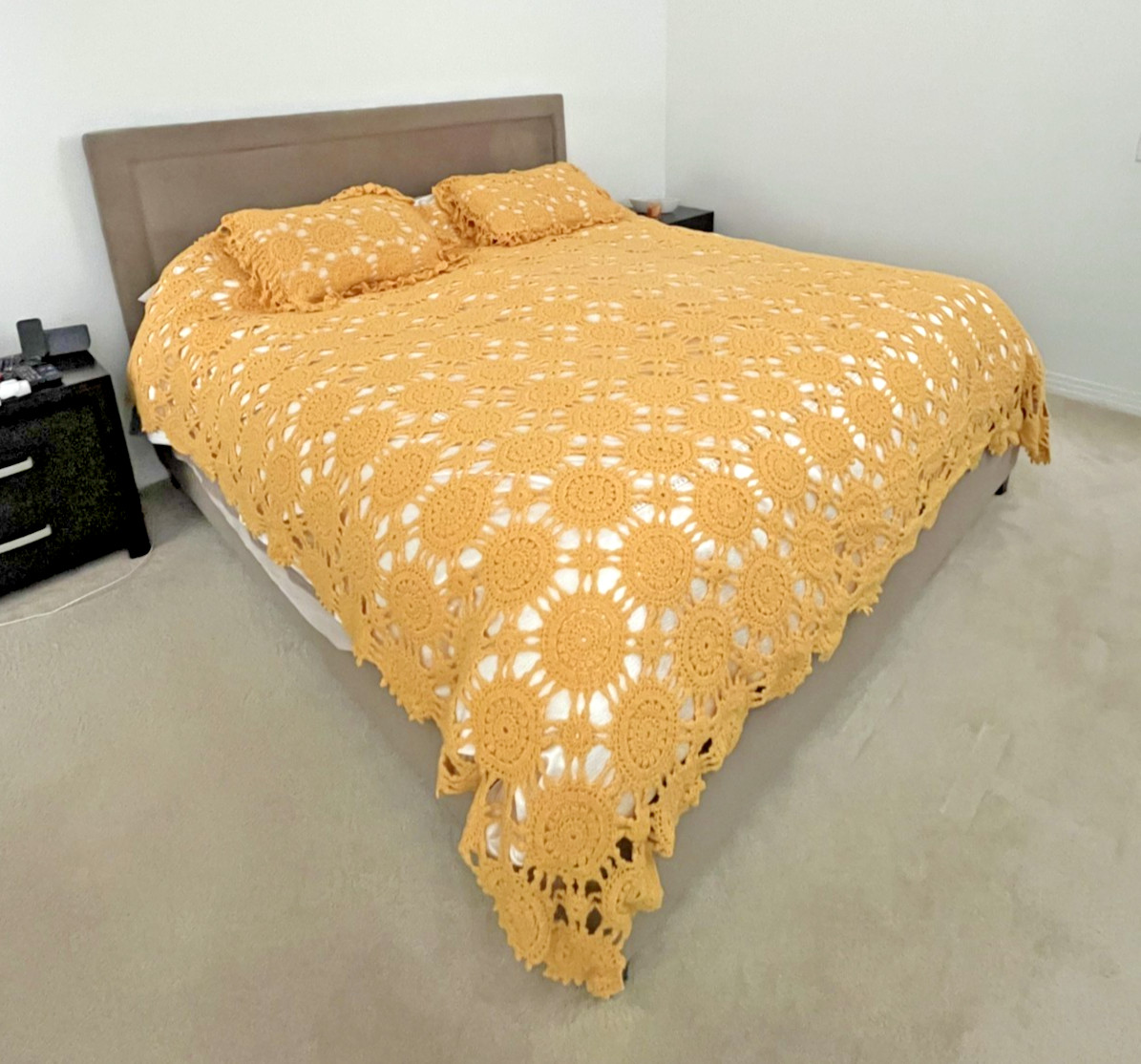 Vintage Handmade Yellow Crochet Knitted Yarn Blanket Pillow Case King 101×101 in