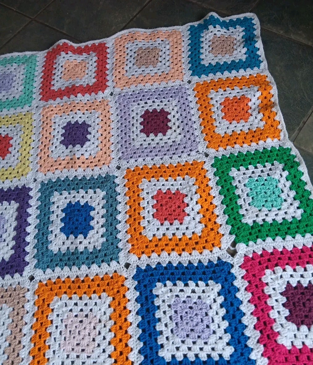 Granny Square Crochet Afghan Throw Blanket White Multi Color 62×50″ Handmade Vtg