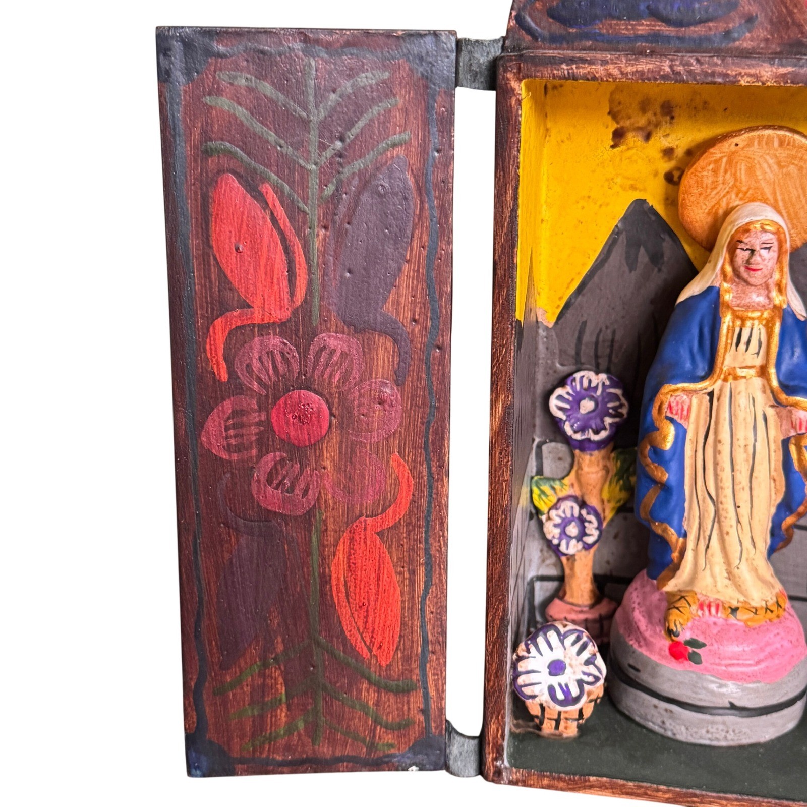 Vintage Peruvian Retablo Folk Art Virgin Mary Hand Painted Wooden Shadow Box