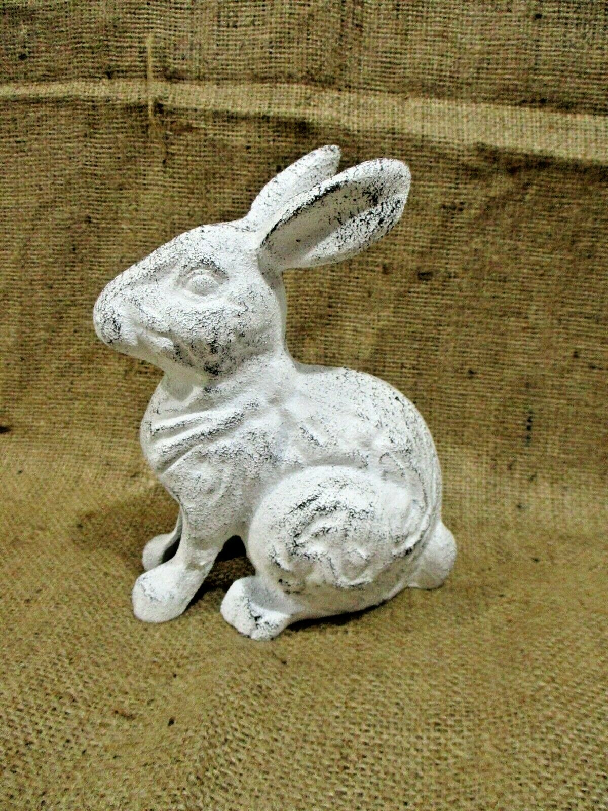 Large Cast Iron RABBIT Easter BUNNY Garden Statue RUSTIC Home Decor 7″ White