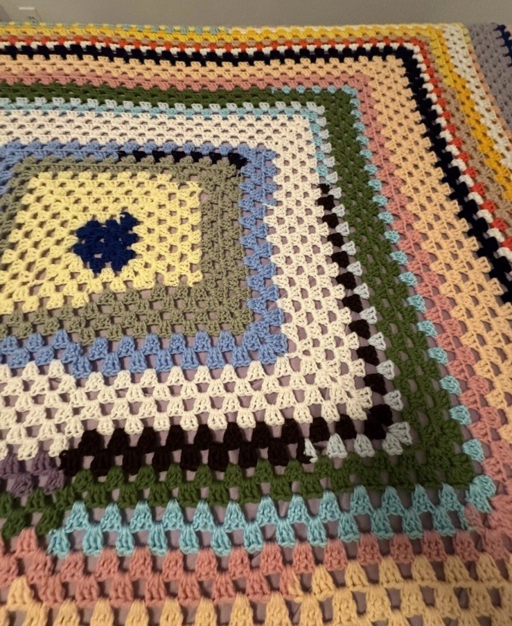 Vintage Crochetted Afghan 68.5″ x 68″ – Scrap Style / Shabby Chic / Cottagecore