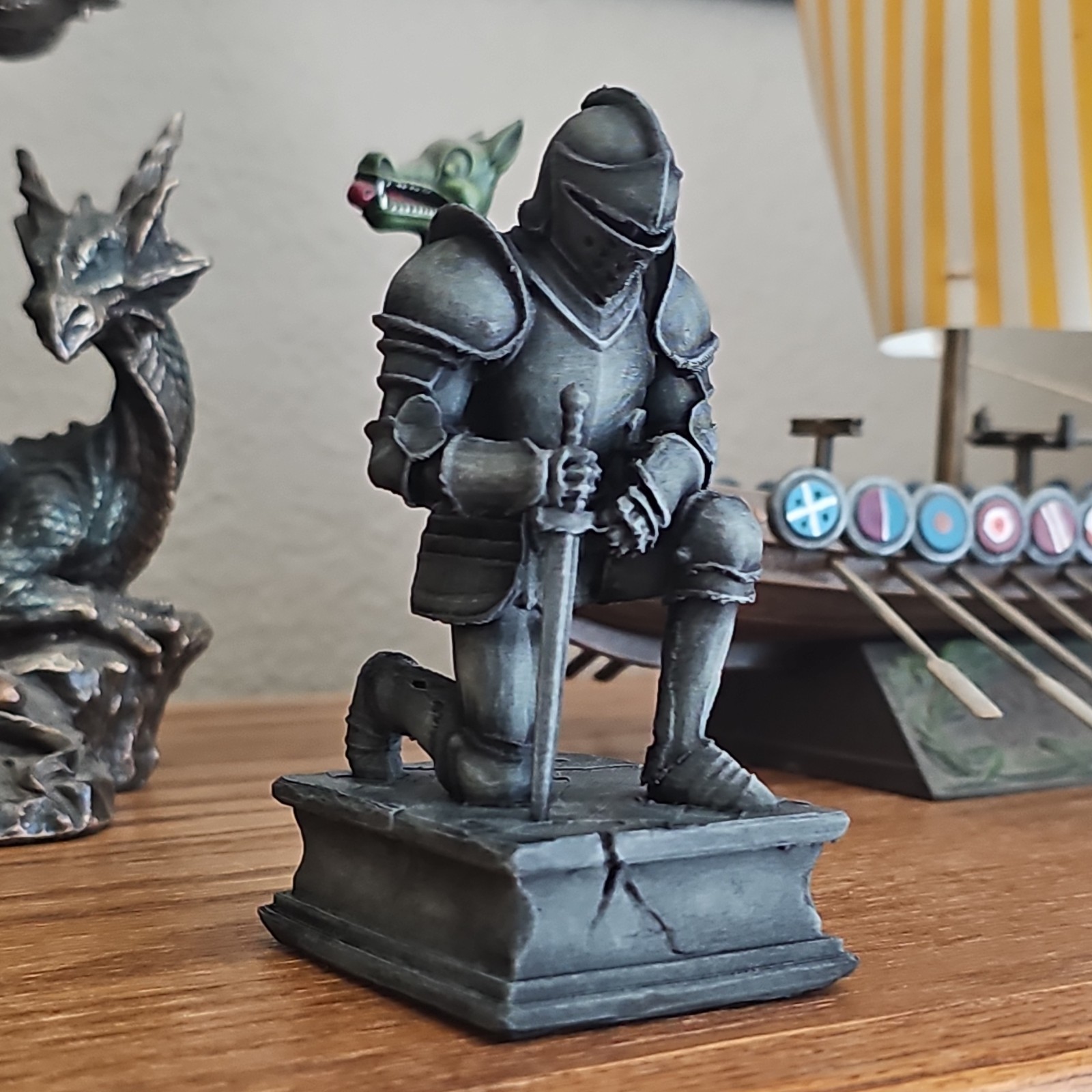 Gray Medieval Knight Kneeling Figurine Statue Holding Sword, Free Standing