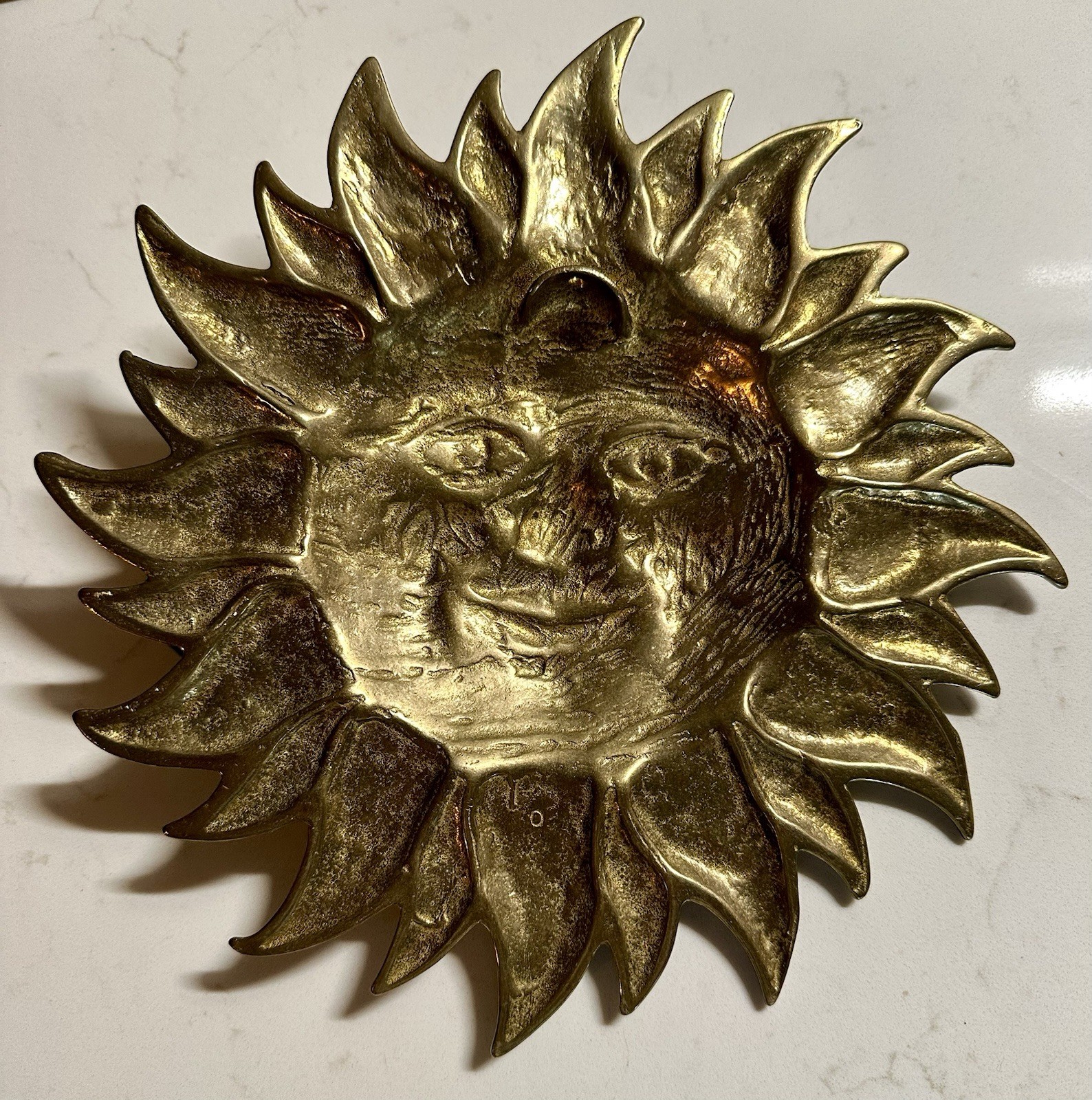 Vintage Heavy Brass Sun Face Wall Hanging Sculpture Mid Century 9”