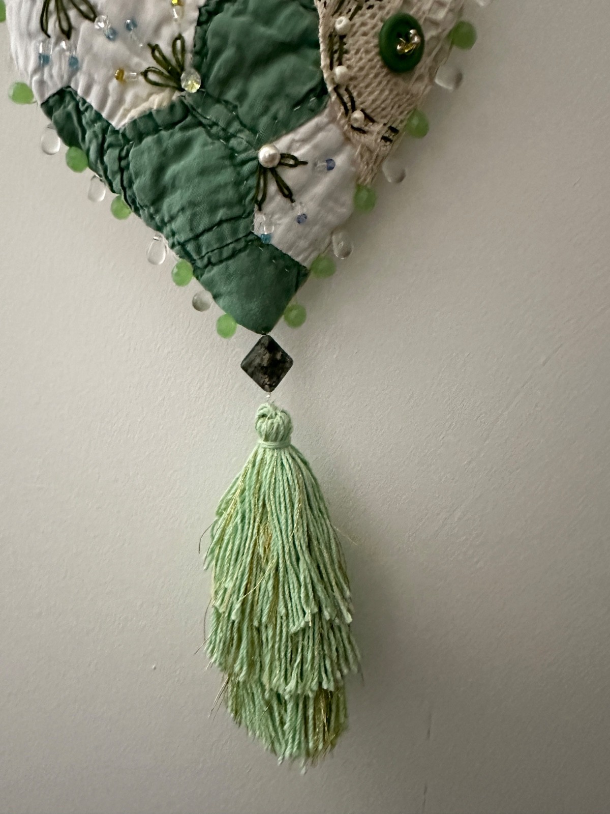 HANGING HEART beaded *HANDMADE* from antique quilt, hand embroidered, tassel