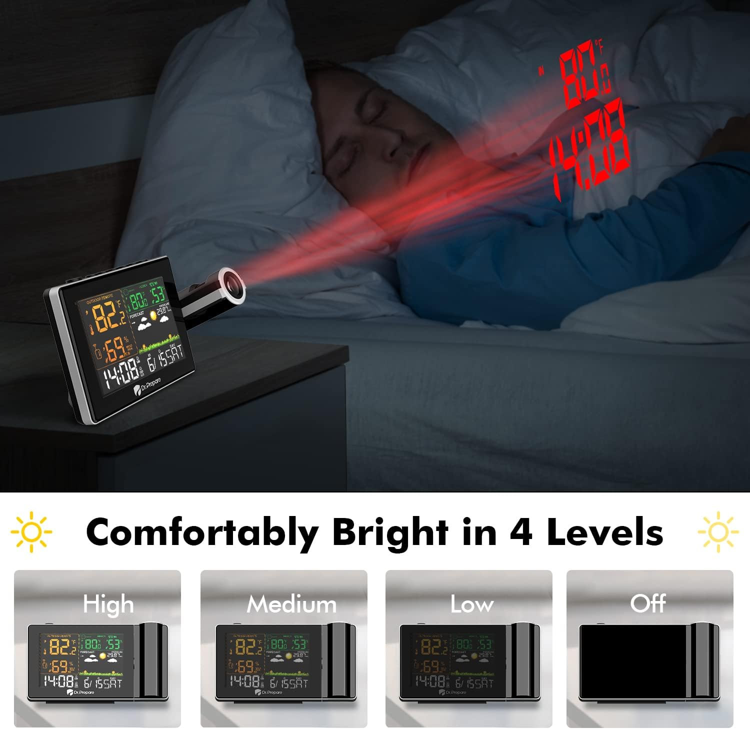 Projection Alarm Clock, Adjustable Projection Focus, Wireless Indoor Outdoor Tem