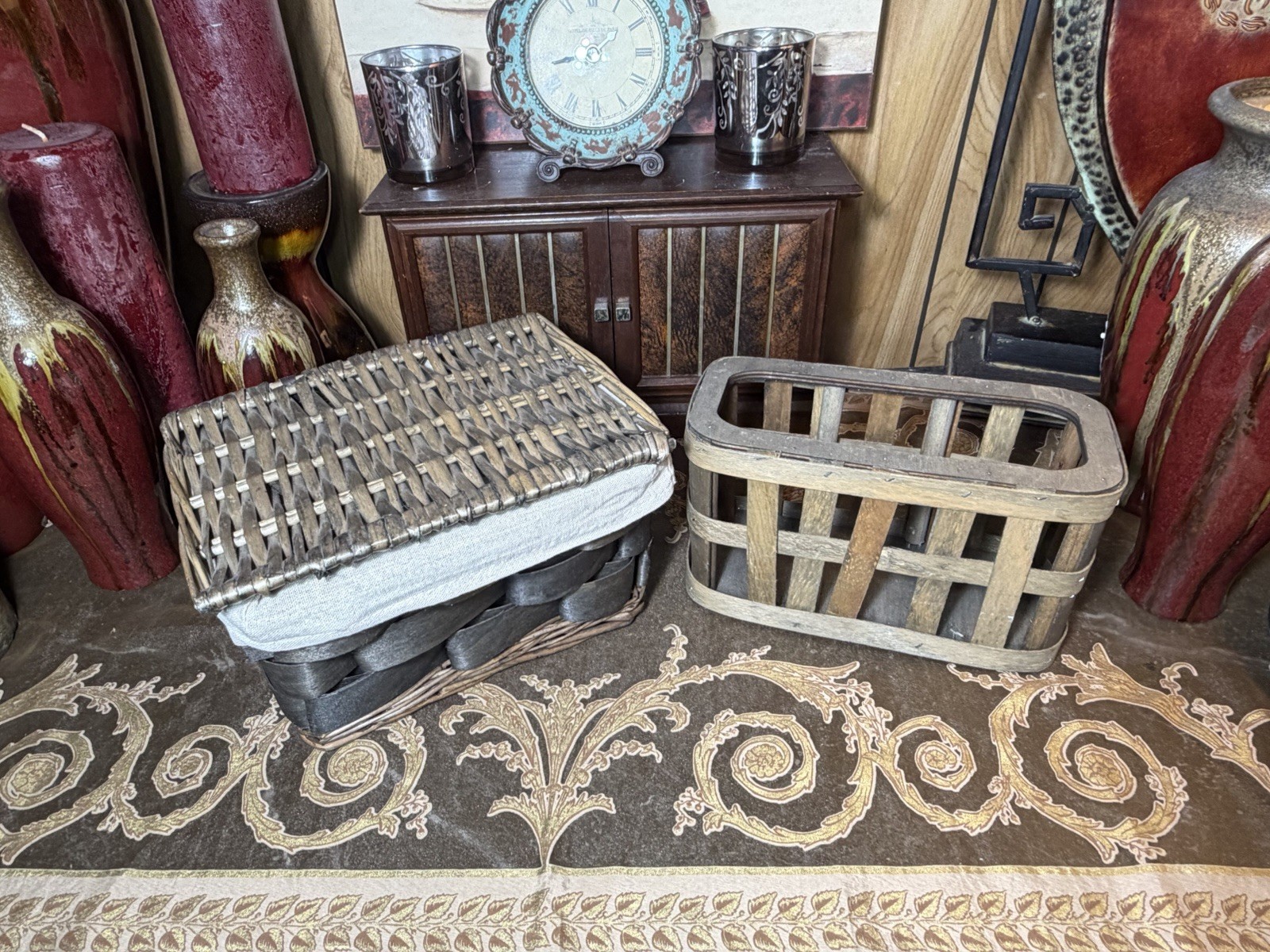Rustic Wood Basket Set 2 Farmhouse Storage Crate Primitive Decor