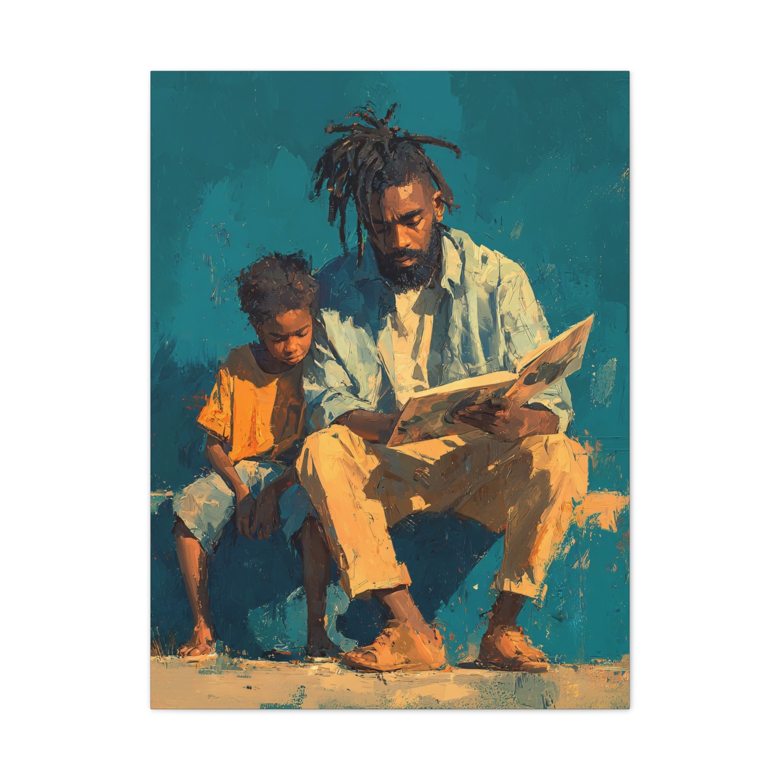 Father & Son Reading Time African American Black Art Canvas Wrap Stretched