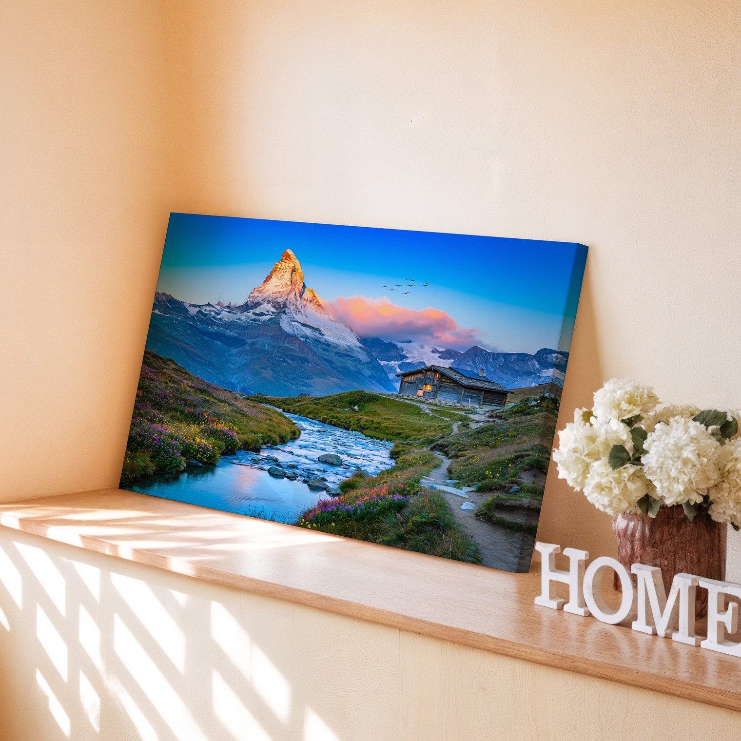 Mountain landscape canvas wall art with river stream and cabin nature print
