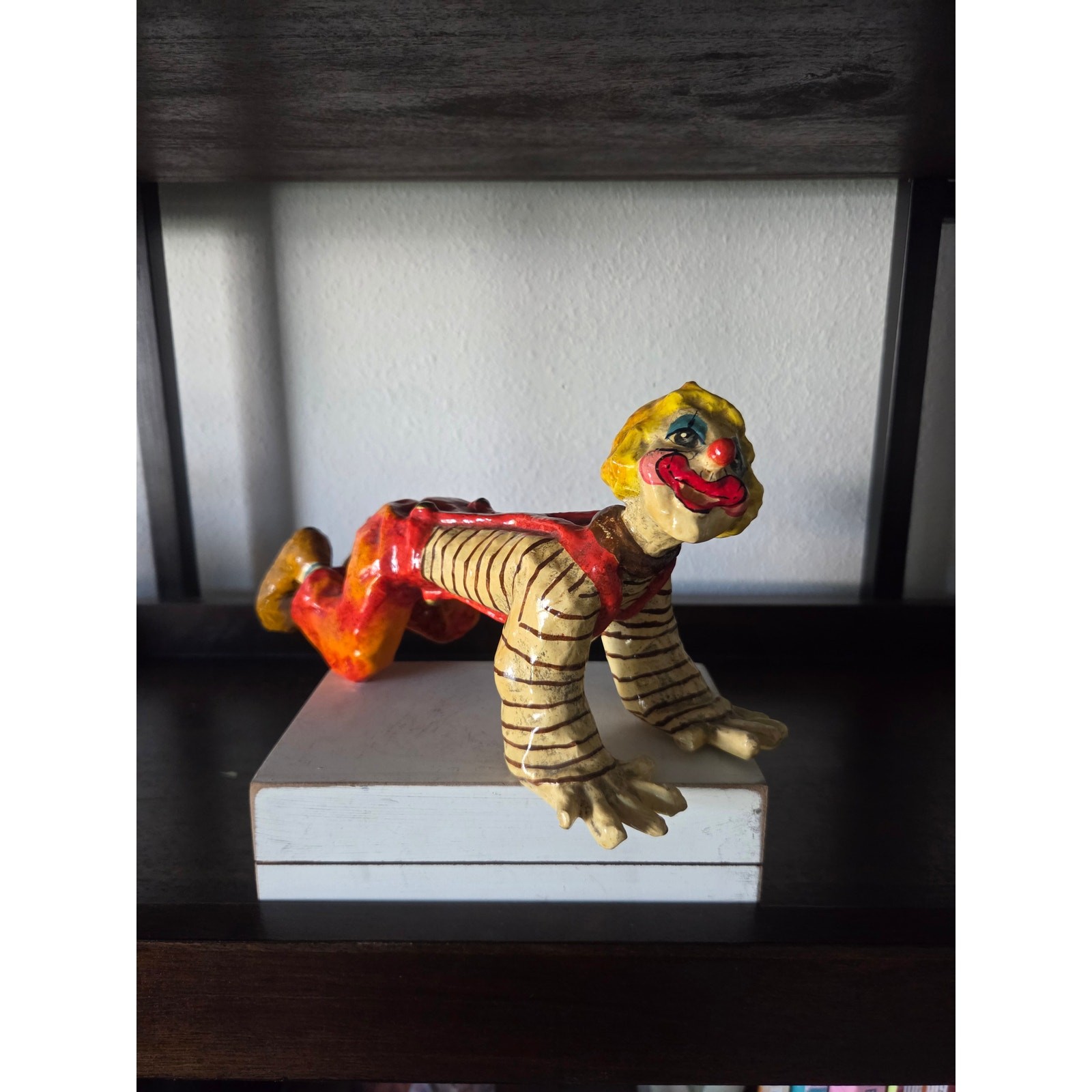Vintage 1990s 10″ Mexican Papier-Mache Crawling Clown Sculpture Signed Alvarez