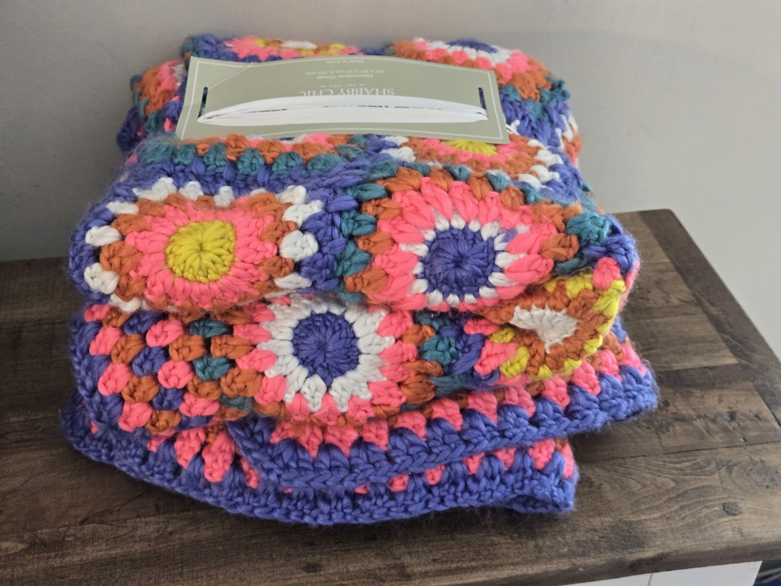 SHABBY CHIC CROCHET BRIGHT GRANNY SQUARE DECORATIVE THROW BLANKET AfGHAN
