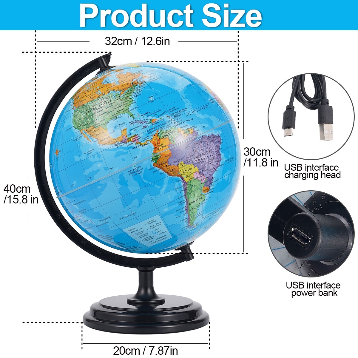 3D AR Large World Globe on Stand Ocean Earth Rotating World Map Geography Gift
