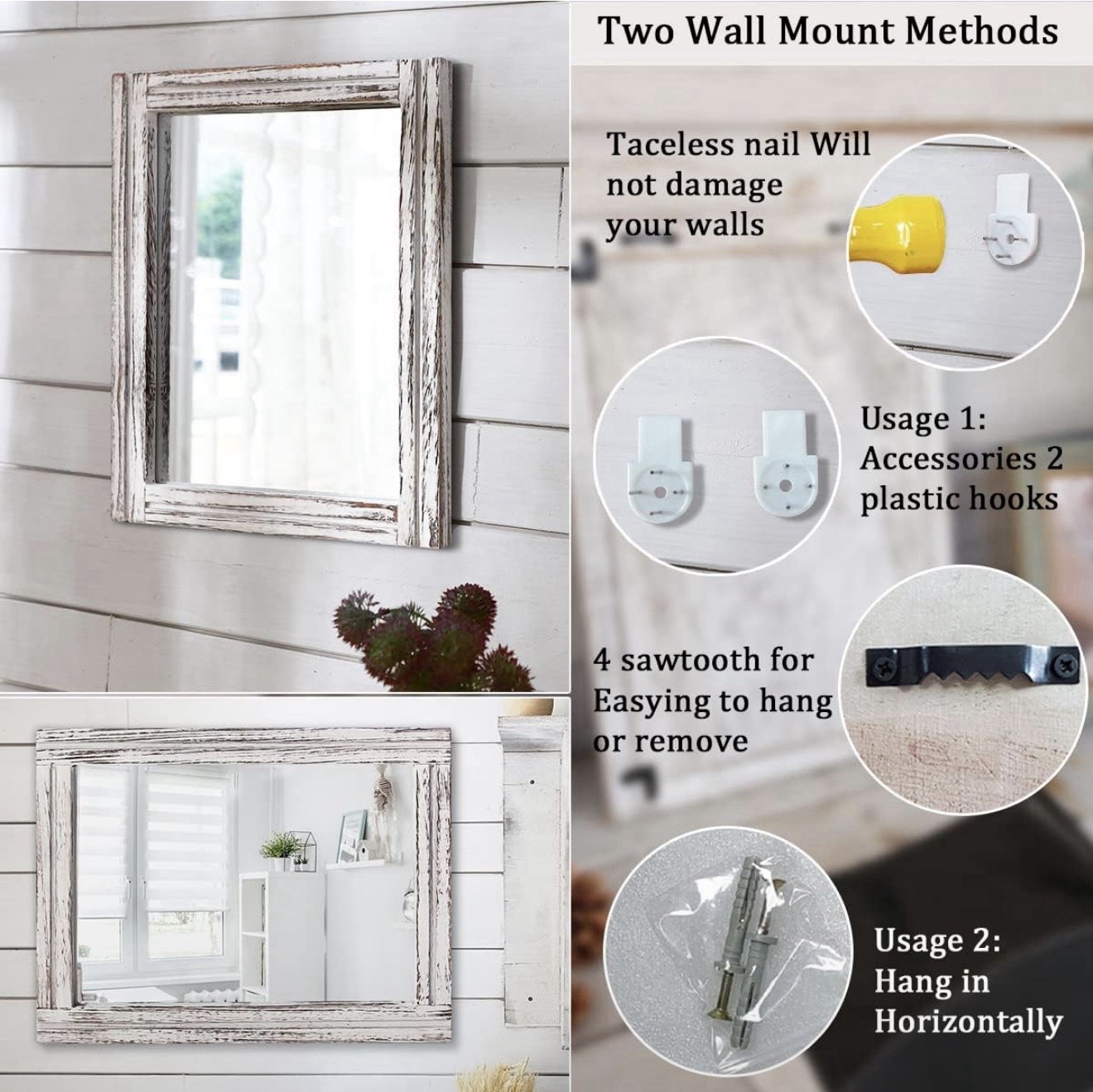 Rustic Wood Wall Mirror 50×40cm Farmhouse Frame Decorative Home Accent