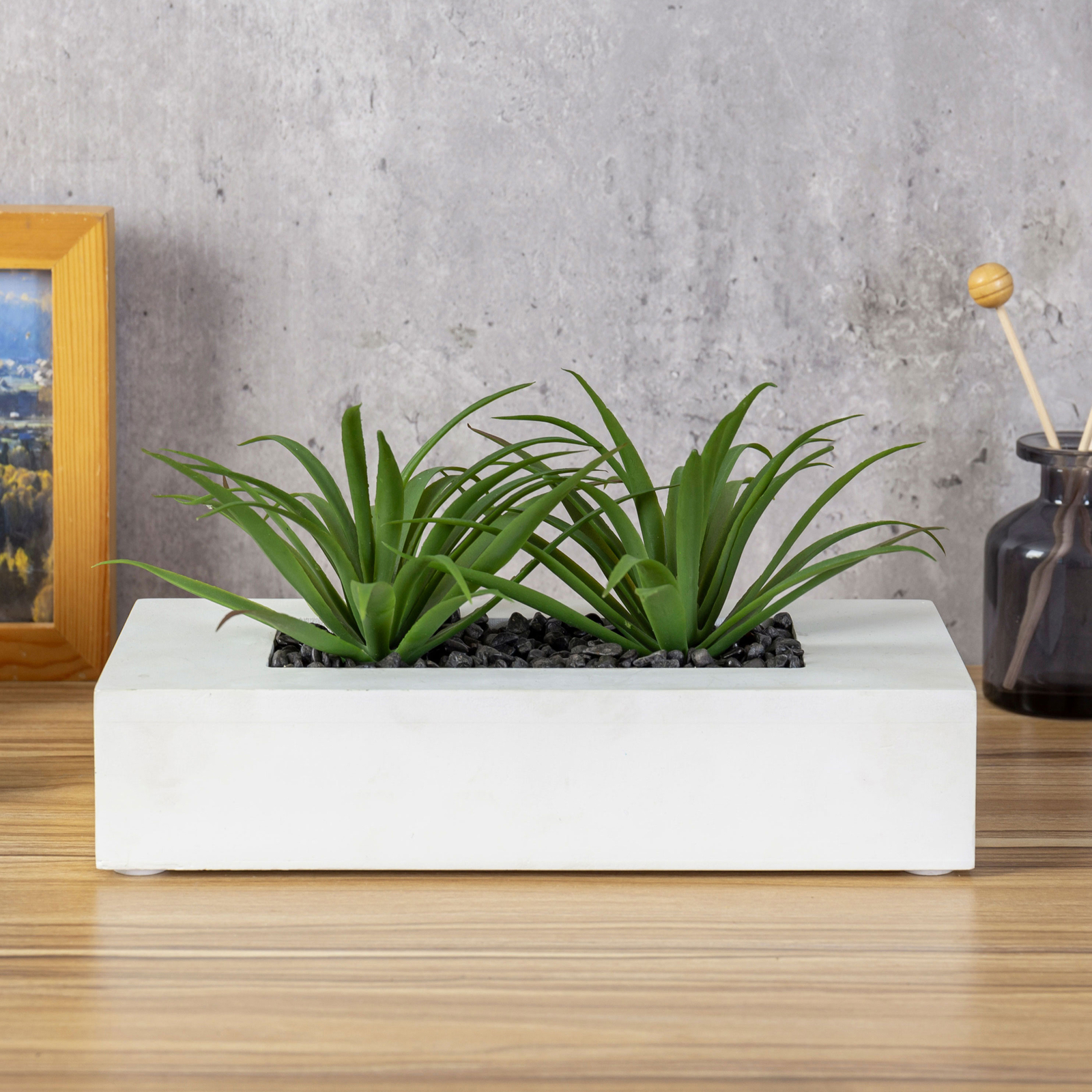 10 In Artificial Green Grass Plants in White Wood Centerpiece Decorative Planter