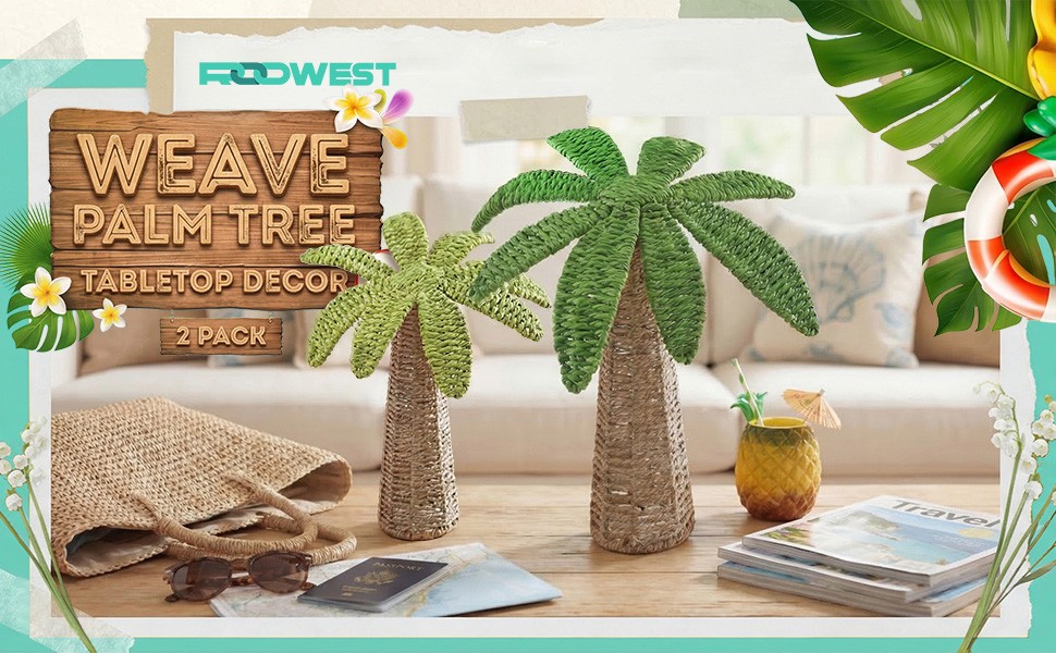 2 Pcs Weave Palm Tree Tabletop Decor, 9.8″ & 7″ Woven Rattan Palm Trees Tropical