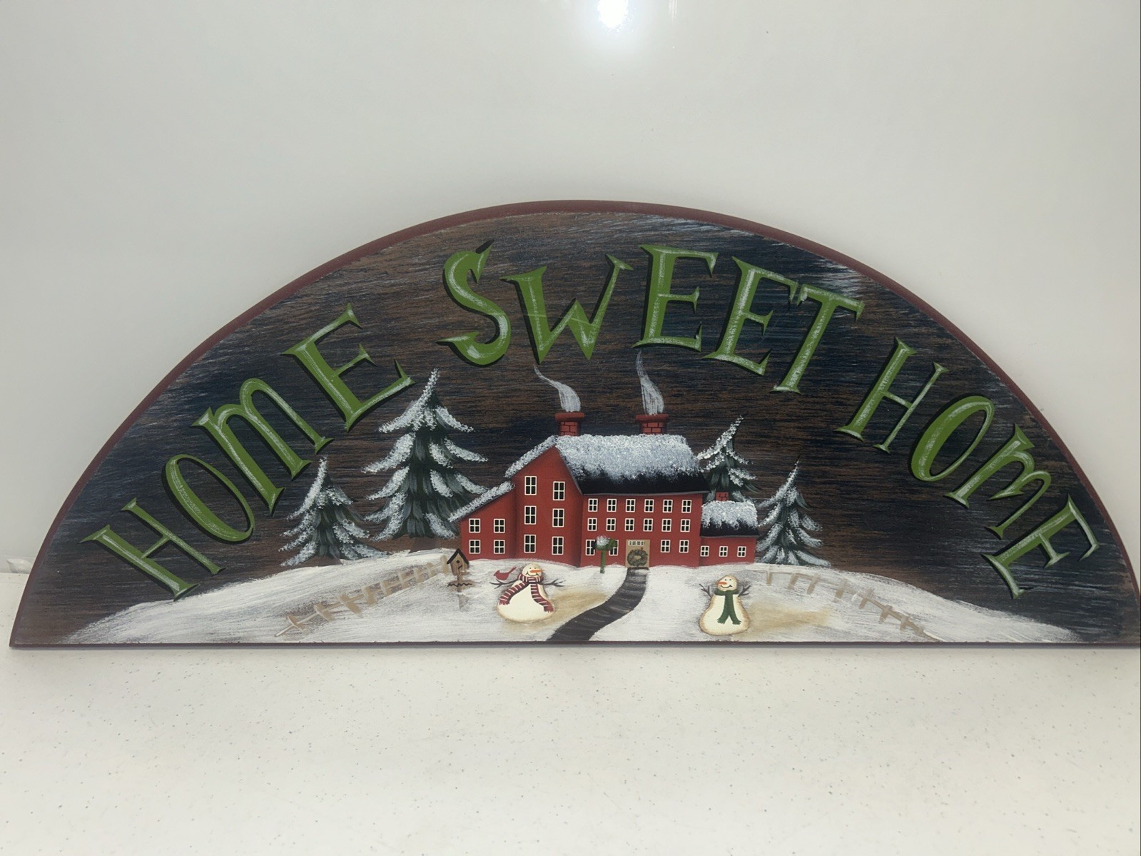 Hand Painted Primitive Home Sweet Home Arch Plaque 33.5”x12” Winter Snowmen