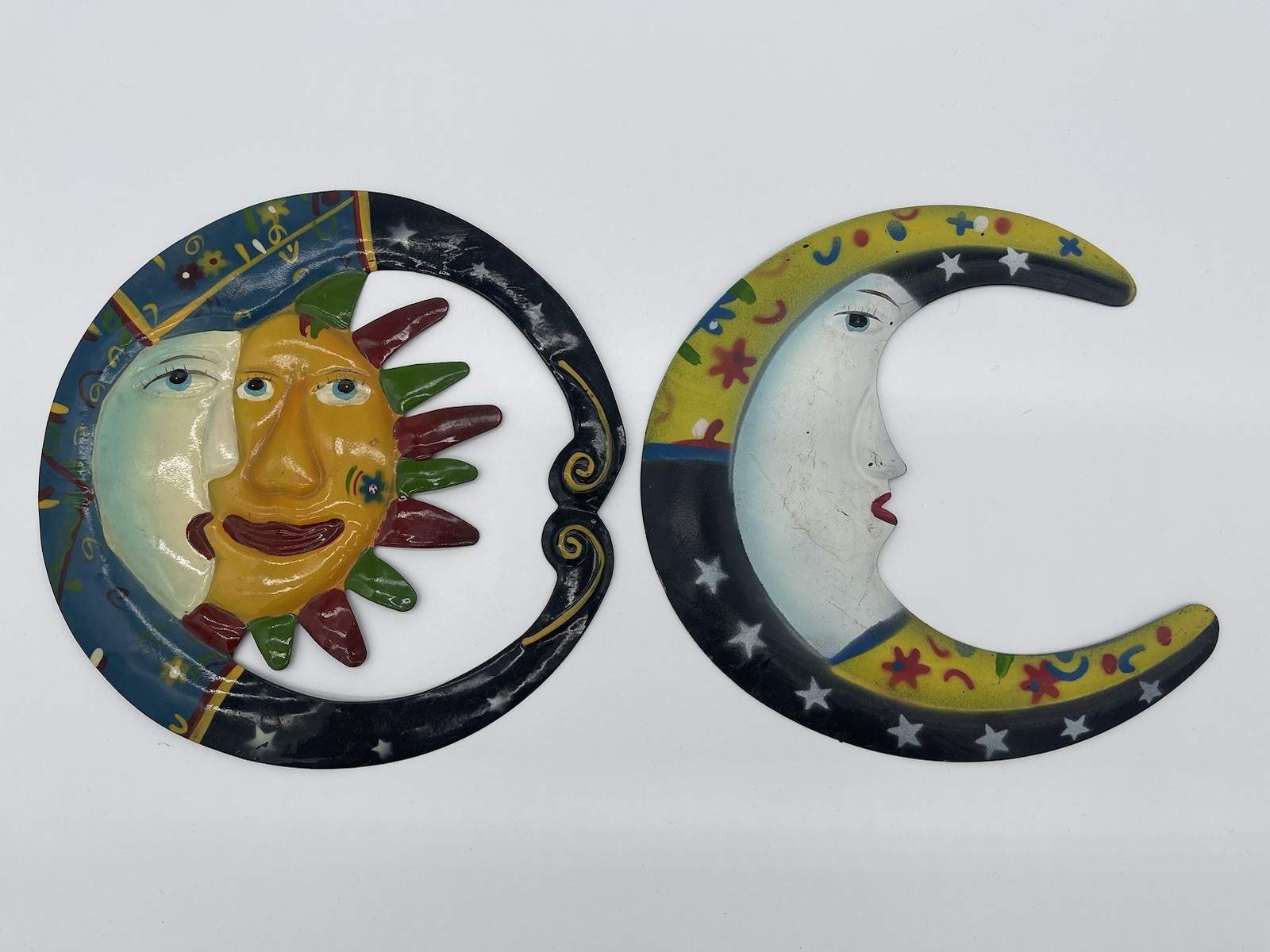 Vintage Set of 2 Sun and Moon Tin Metal Wall Hand Painted Hanging Decor Lot 90s