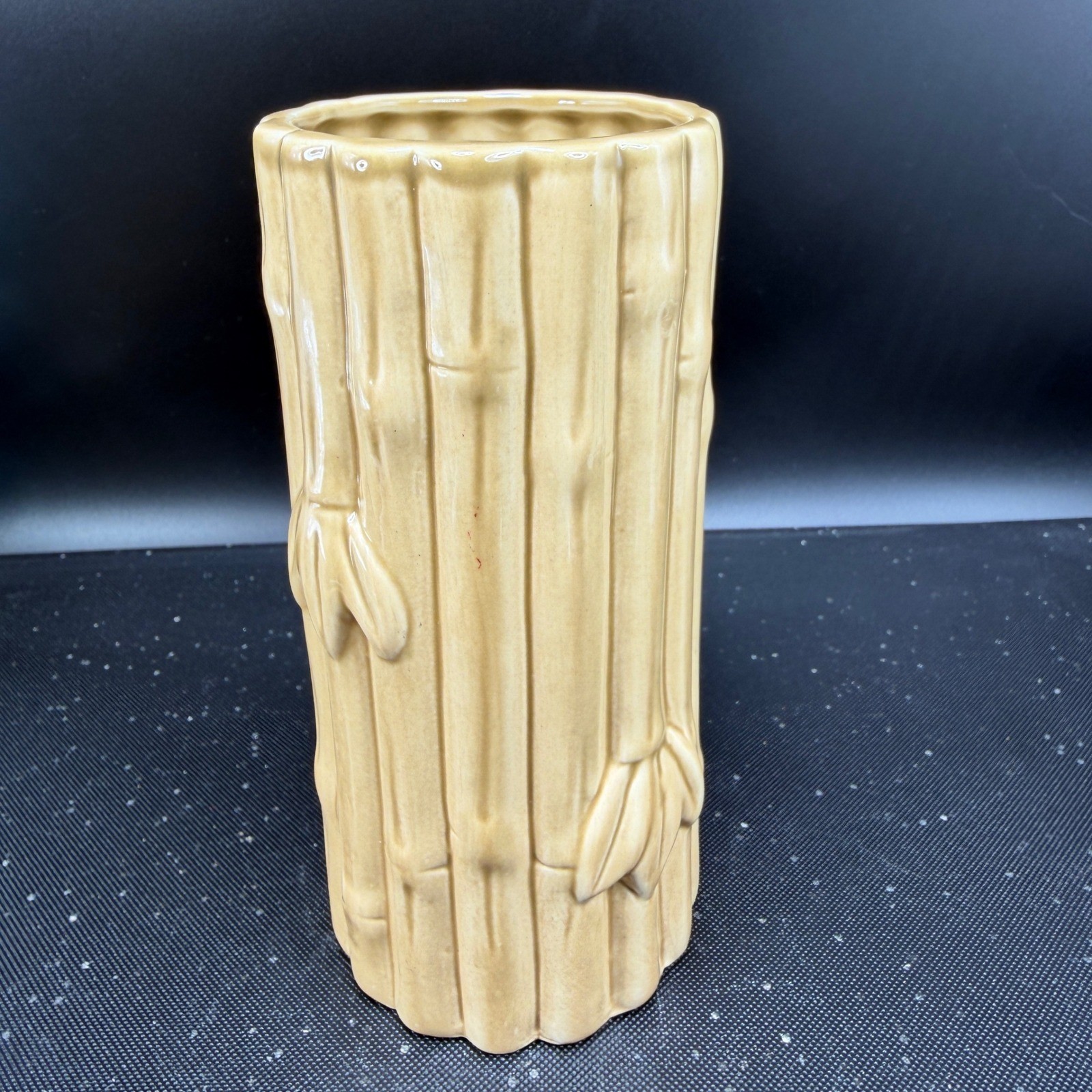 Vintage Ceramic Bamboo Vase Glossy Tan Tropical Boho Decor 6.5 Inch Tall