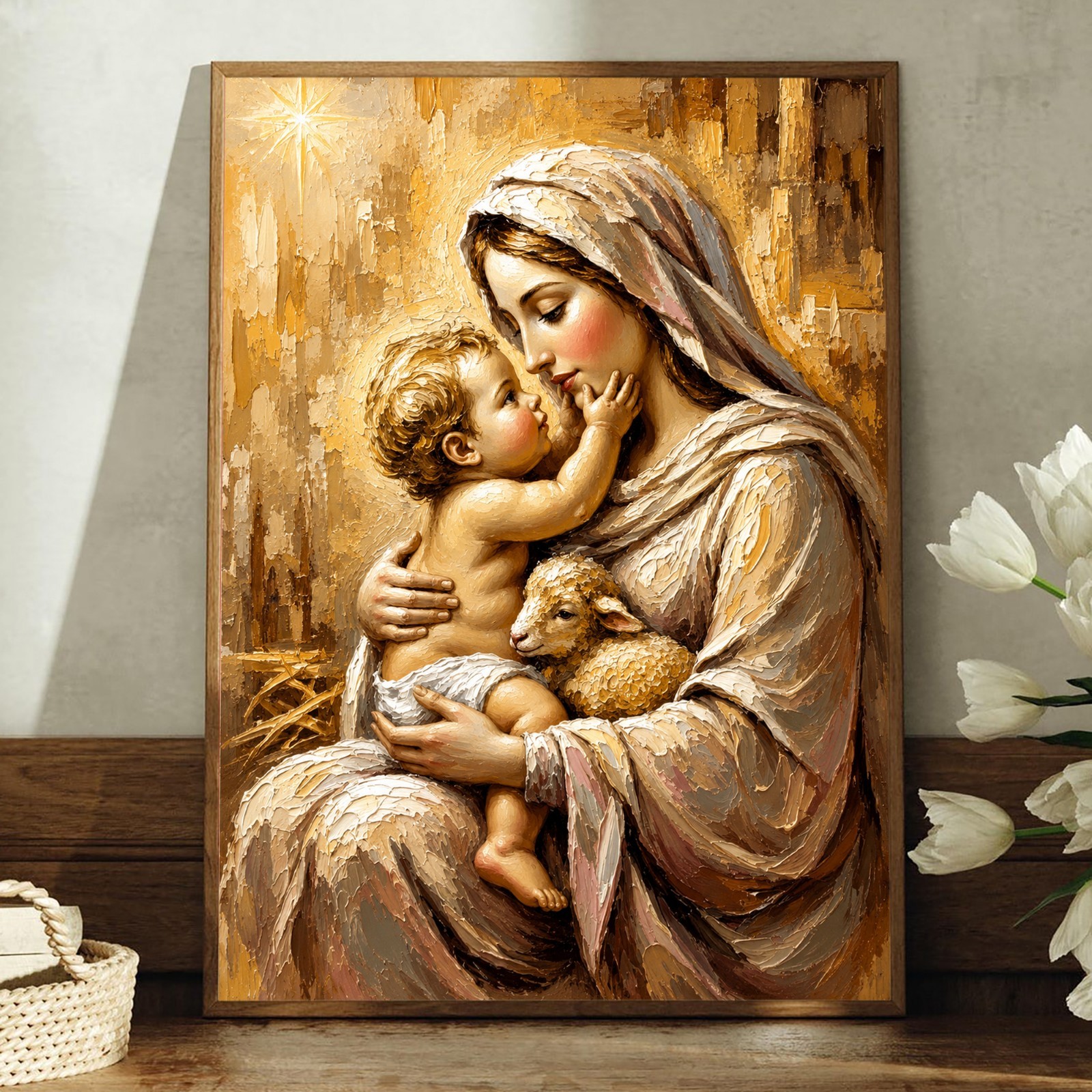 Virgin Mary and Baby Jesus Canvas Print Christian Wall Art Lamb Religious Decor
