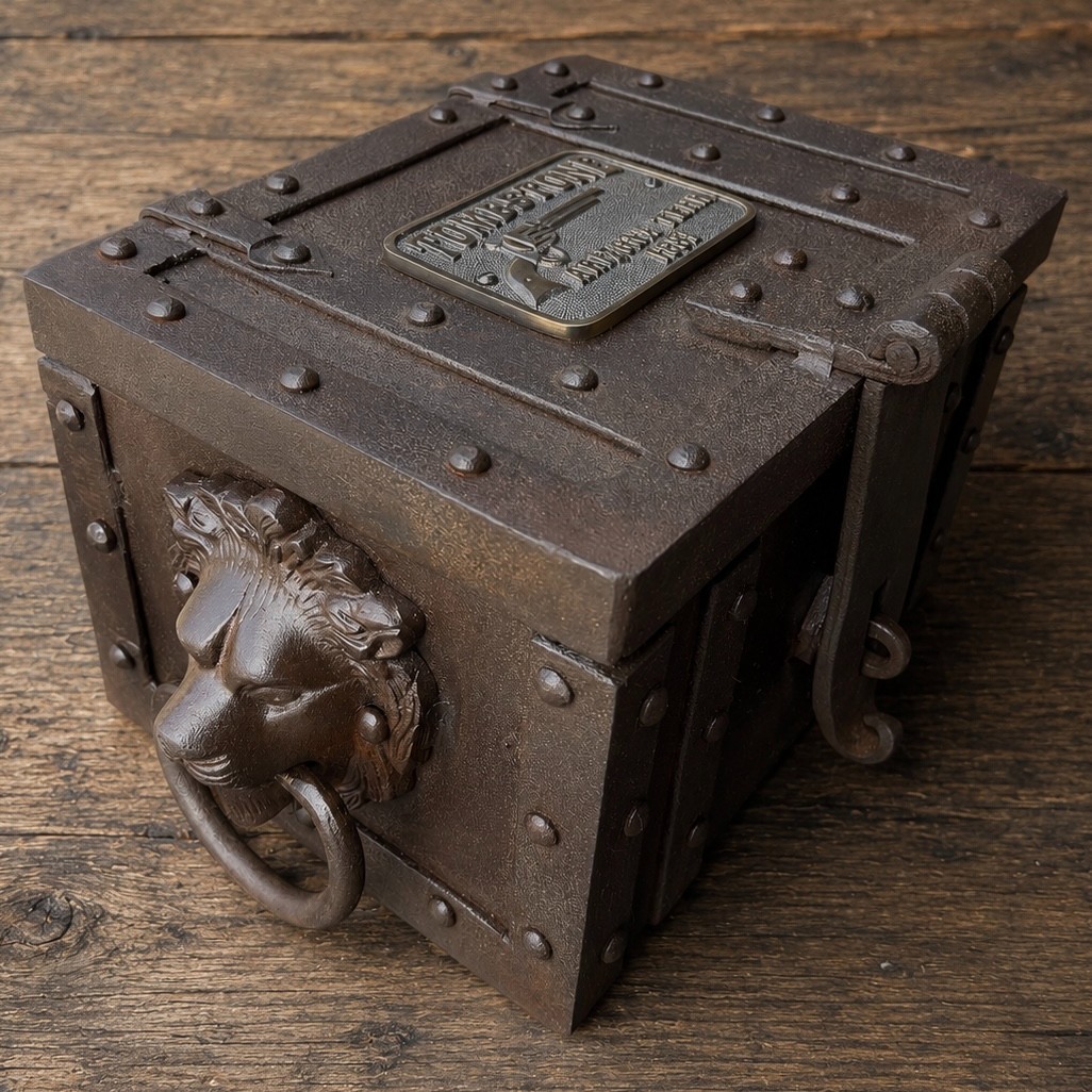 Tombstone Cast Iron Strong Box Lion Head Handles Hand Antiqued Western Decor