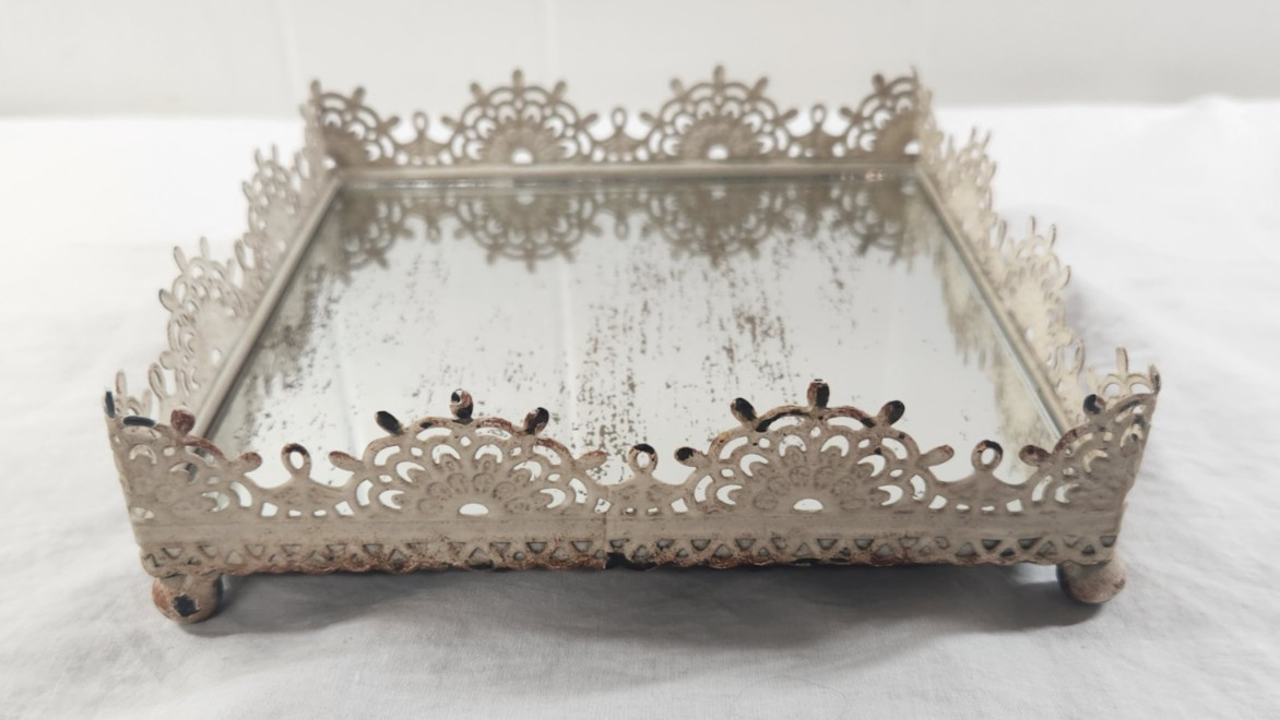 Mirrored Metal Square Vanity Tray Display Footed Elegant Perfume Stand