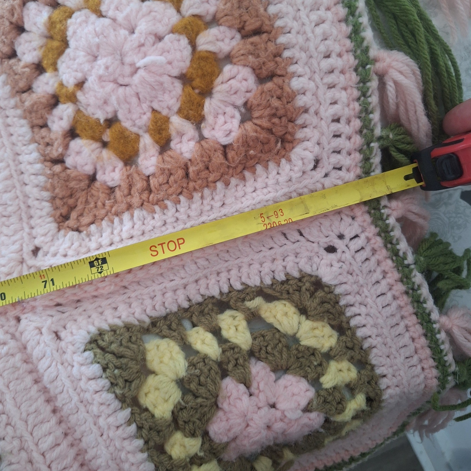 Pink Square Afghan Crochet Blanket Tassle Fringe Vintage Handmade 50×80