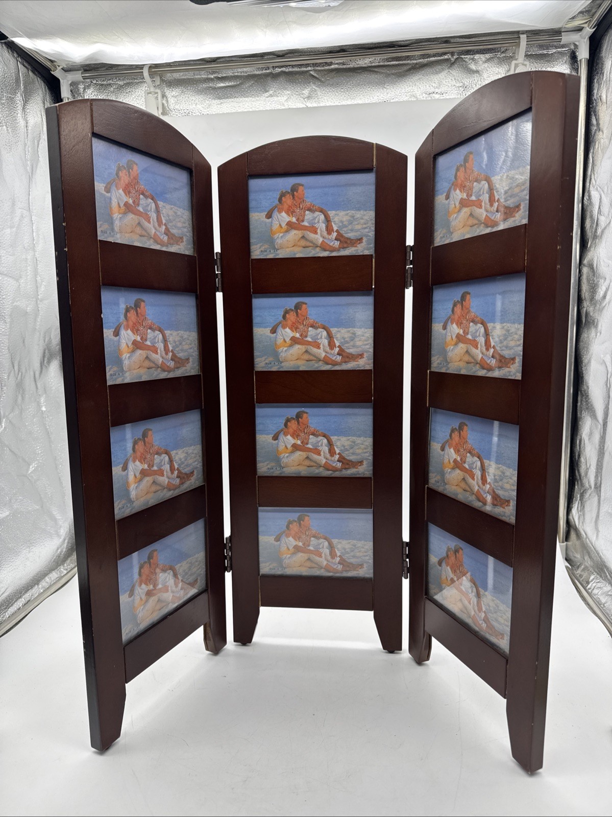 Triple-Panel Wooden Folding Photo Frame Standing 12 Photos