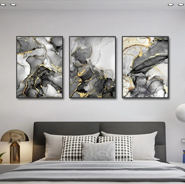 3pcs Frameless Luxury Black & Gold Marble Wall Art 30*40 Perfect for Home Decor