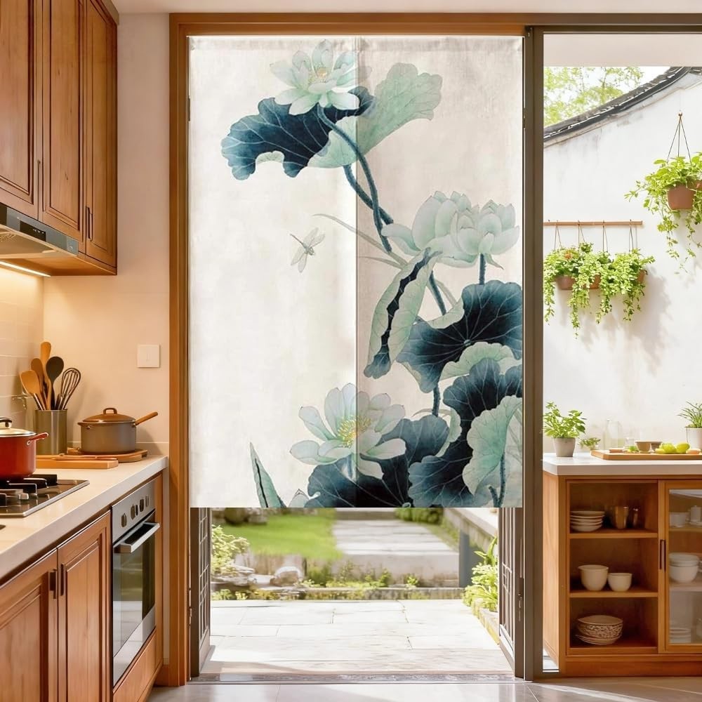 Japanese Noren Doorway Curtain Tapestry (Green Lotus,33.5 Inches x 59 Inches)