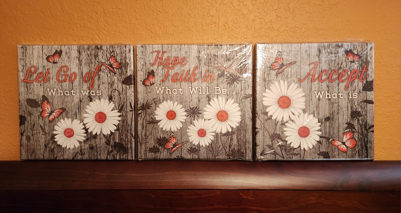 Inspirational Floral Butterfly Wall Plaques Set of 3 Canvas Wood