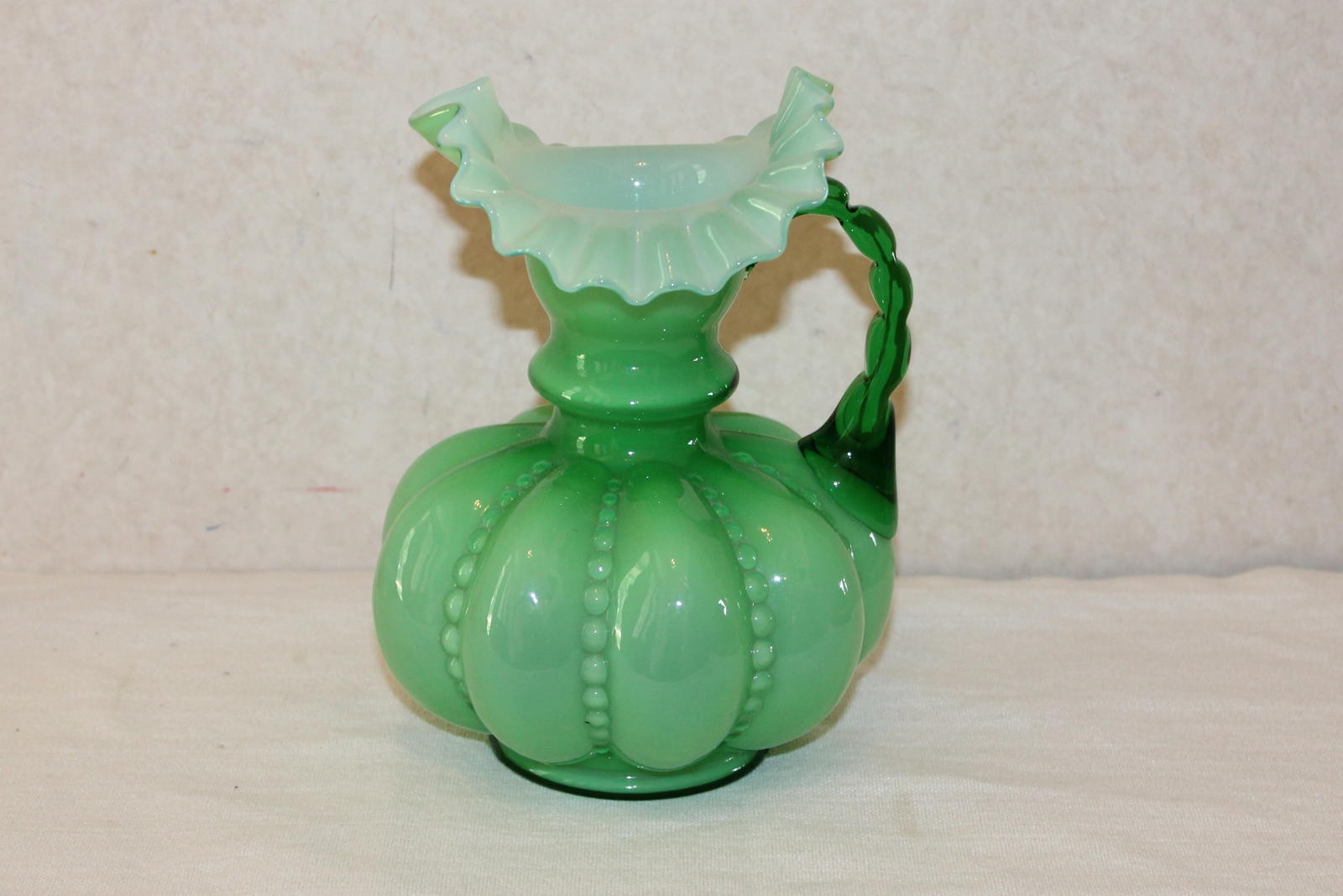 Vintage Fenton Green Beaded Melon Pitcher – Large 8 Inches