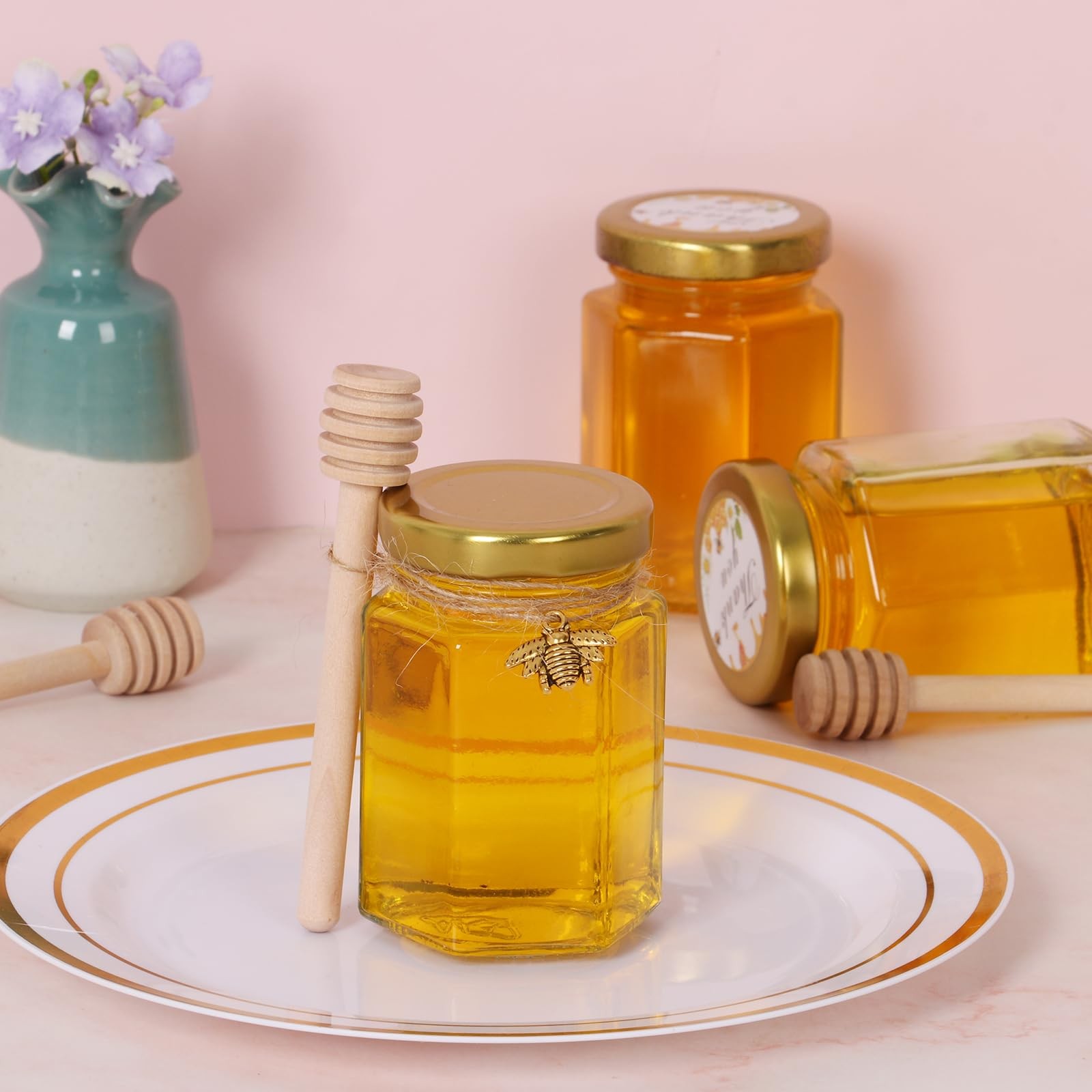 BIGIVACA 4 oz Hexagon Mini Glass Honey Jars with Wood Dippers,30 4 oz-30 pack