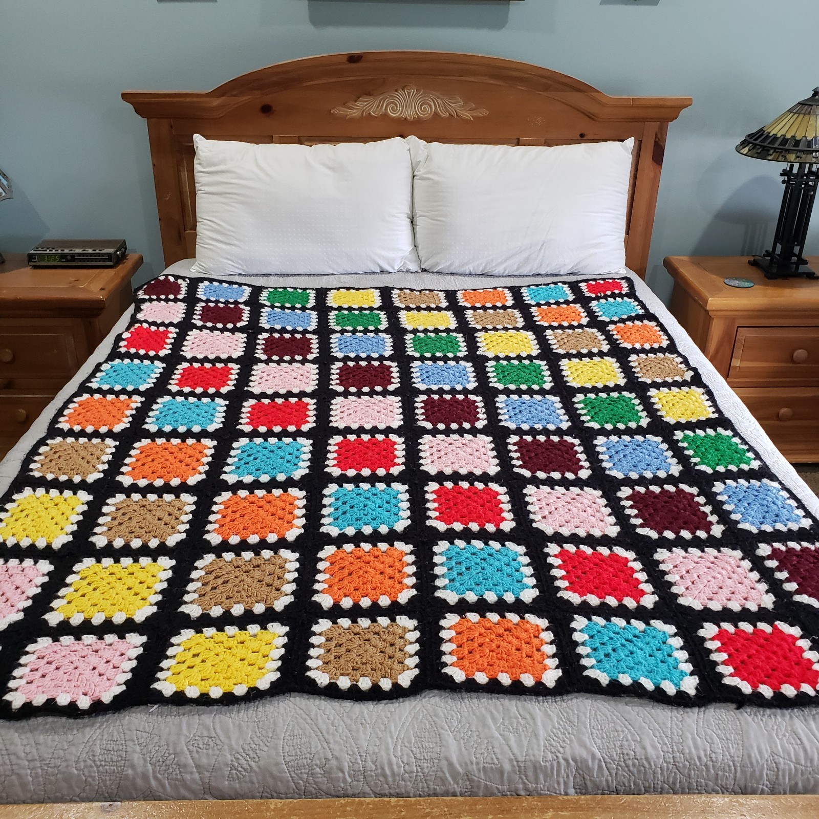 Throw Blanket Crochet Multicolor Granny Square Black Border Handmade Afghan Boho
