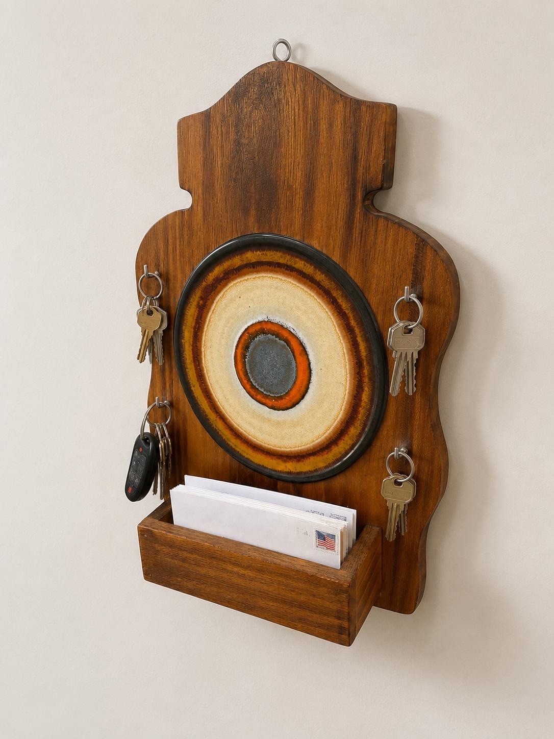 VTG MCM Wood Key Rack Fat Lava Bullseye Tile Ceramic Wall Mail Holder Organizer