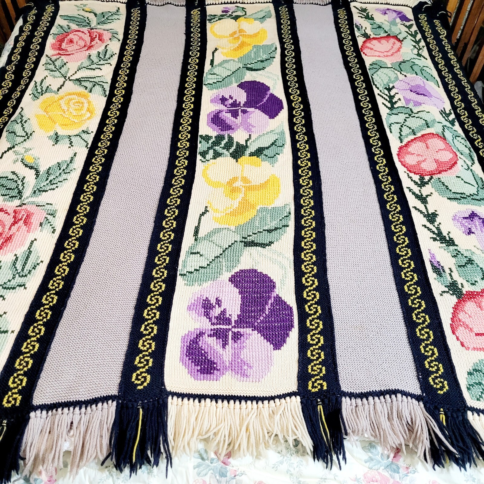Vintage Handmade Knitted Crewel Embroidered Floral Throw 60 X 58 w/o Fringe
